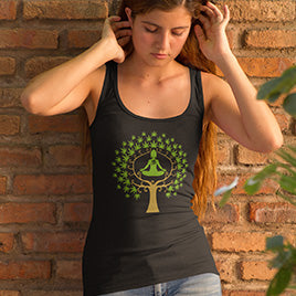 yoga practitioner sitting in a cannabis tree t-shirt