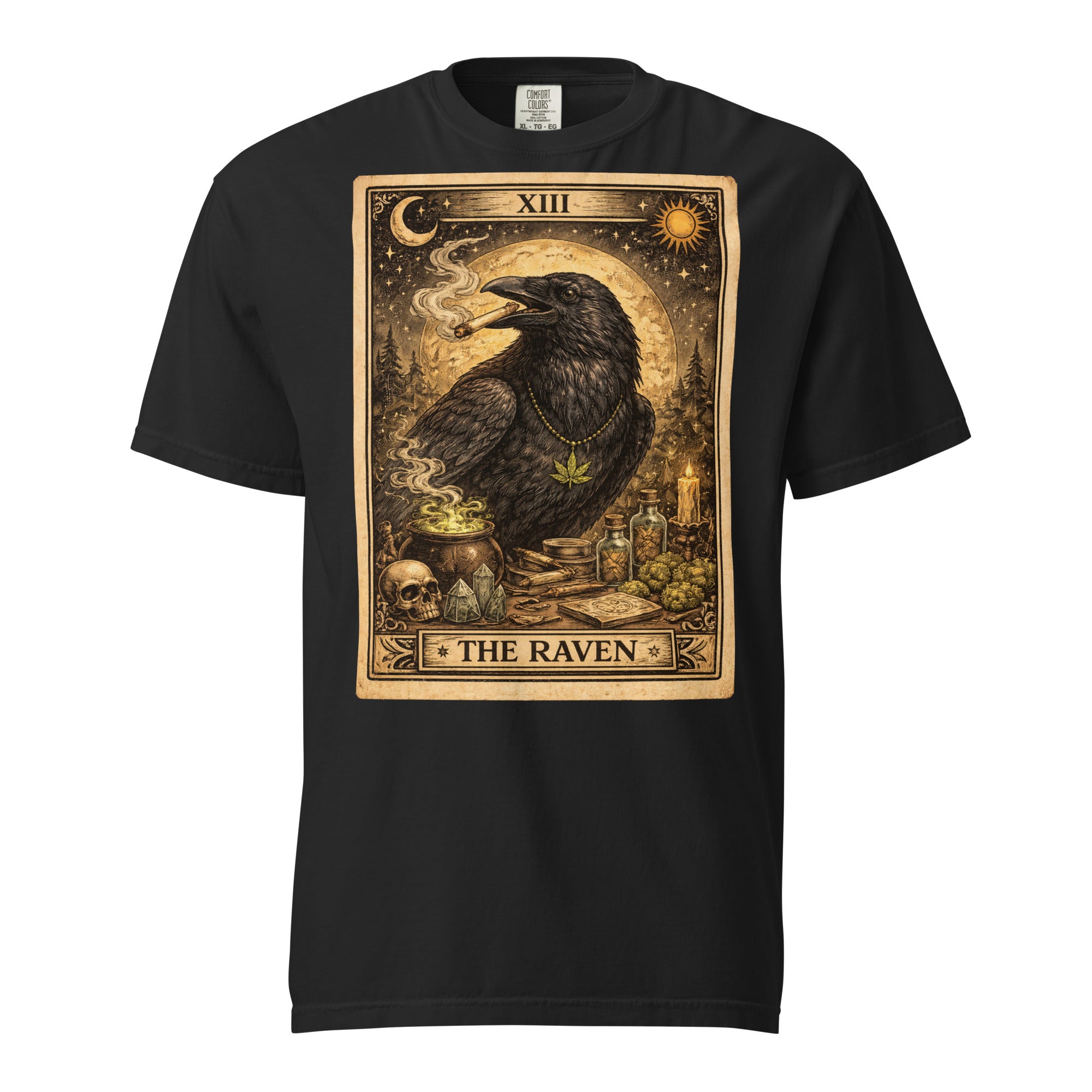 The Raven Tarot Card T-Shirt | Gothic Raven Smoking Joint Cannabis Graphic Tee | Vintage Occult Weed Shirt | Magic Leaf Tees