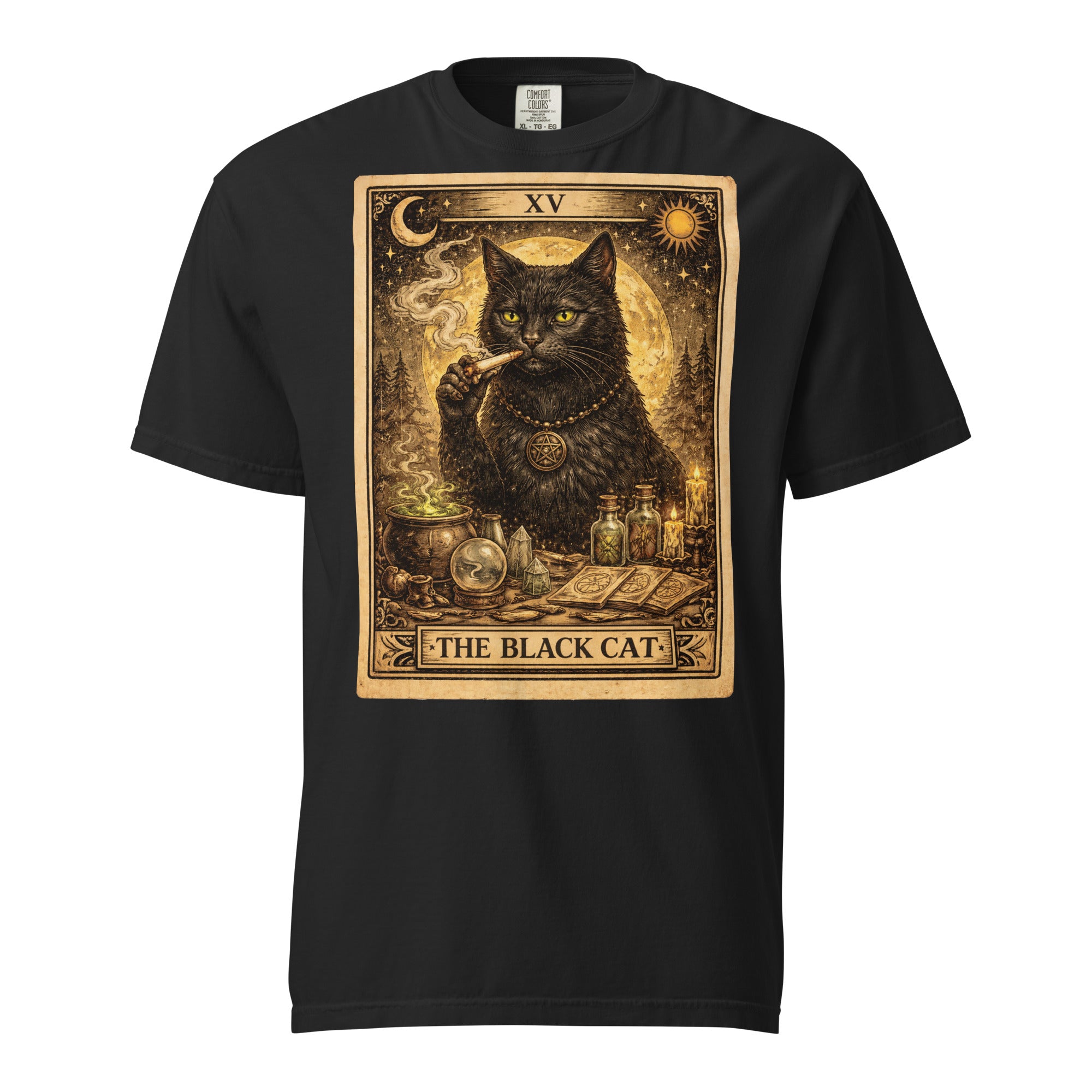 The Black Cat Tarot Card T-Shirt | Gothic Black Cat Smoking Joint Cannabis Graphic Tee | Occult Weed Shirt | Magic Leaf Tees