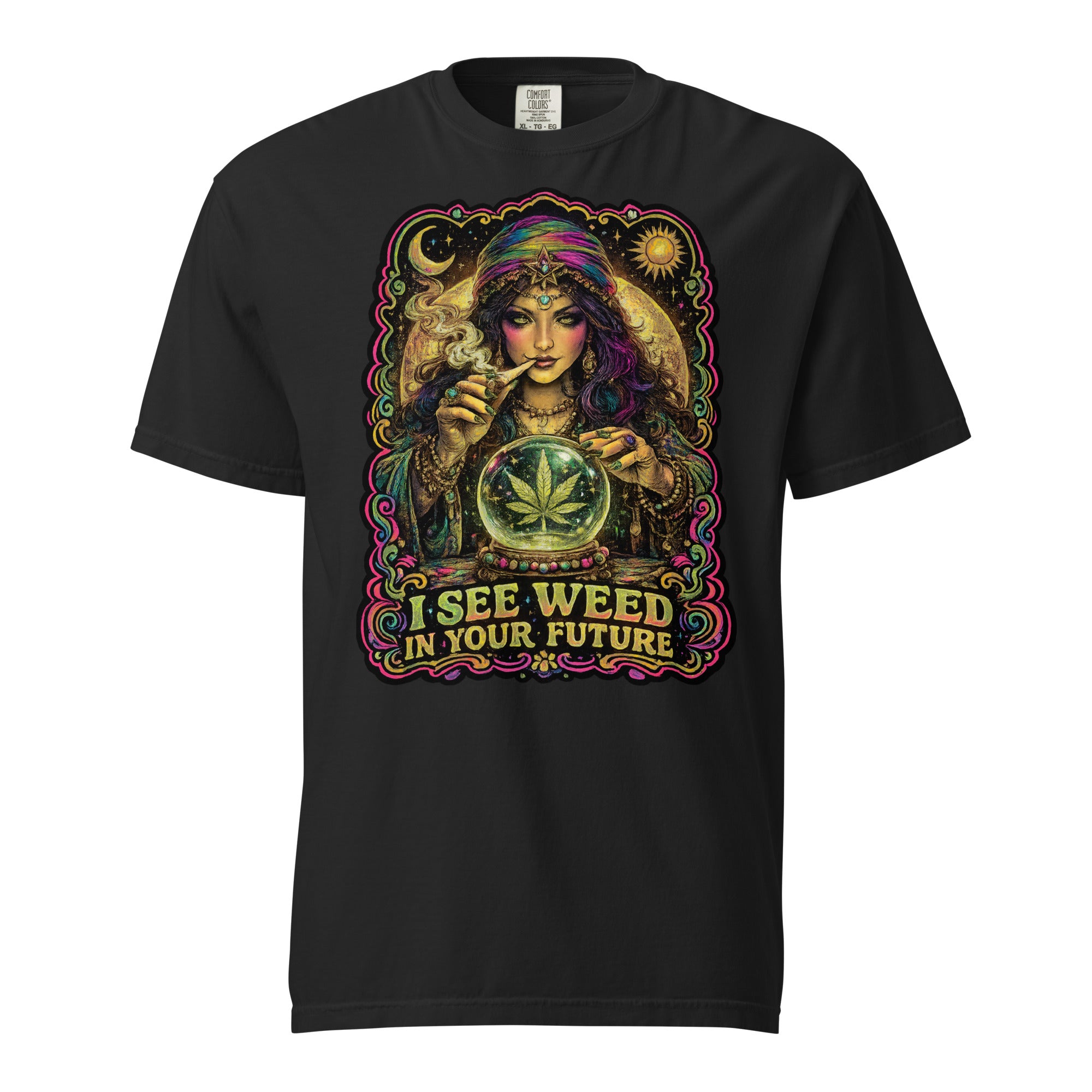 I See Weed In Your Future T-Shirt | 70s Blacklight Fortune Teller Cannabis Graphic Tee | Psychedelic Weed Shirt | Magic Leaf Tees