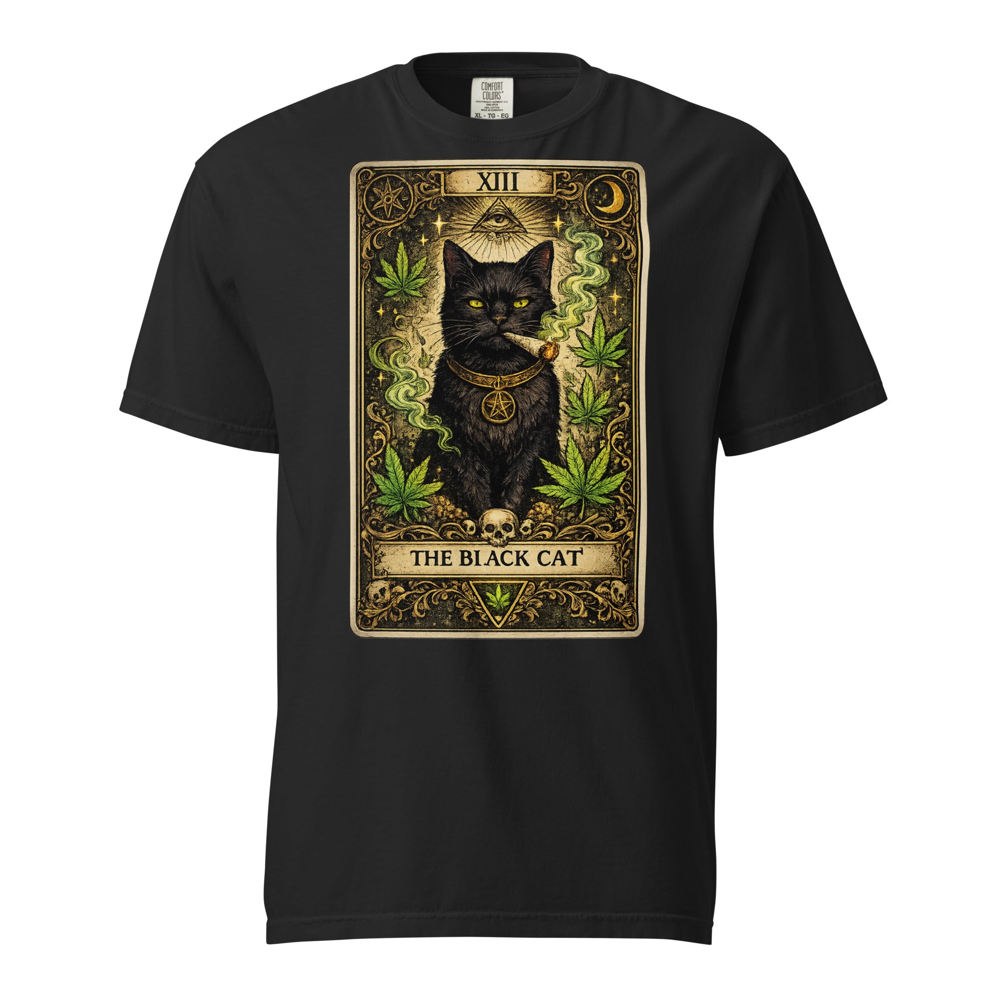 The Black Cat Tarot Card T-Shirt | Gothic Black Cat Smoking Joint Cannabis Graphic Tee | Occult Weed Shirt | Magic Leaf Tees