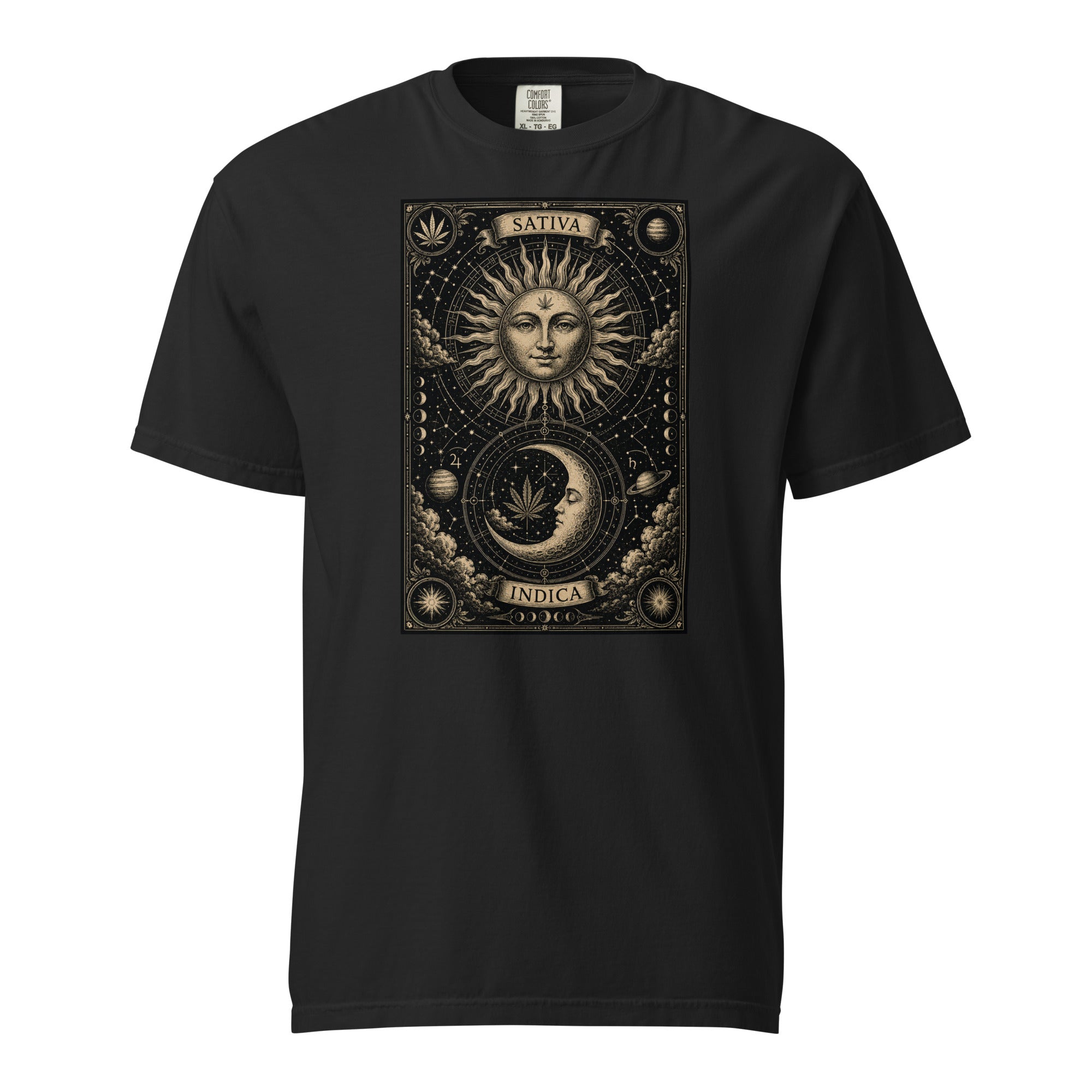 Sativa Indica Sun Moon T-Shirt, Cannabis Astrology Tee, Vintage Tarot Weed Shirt