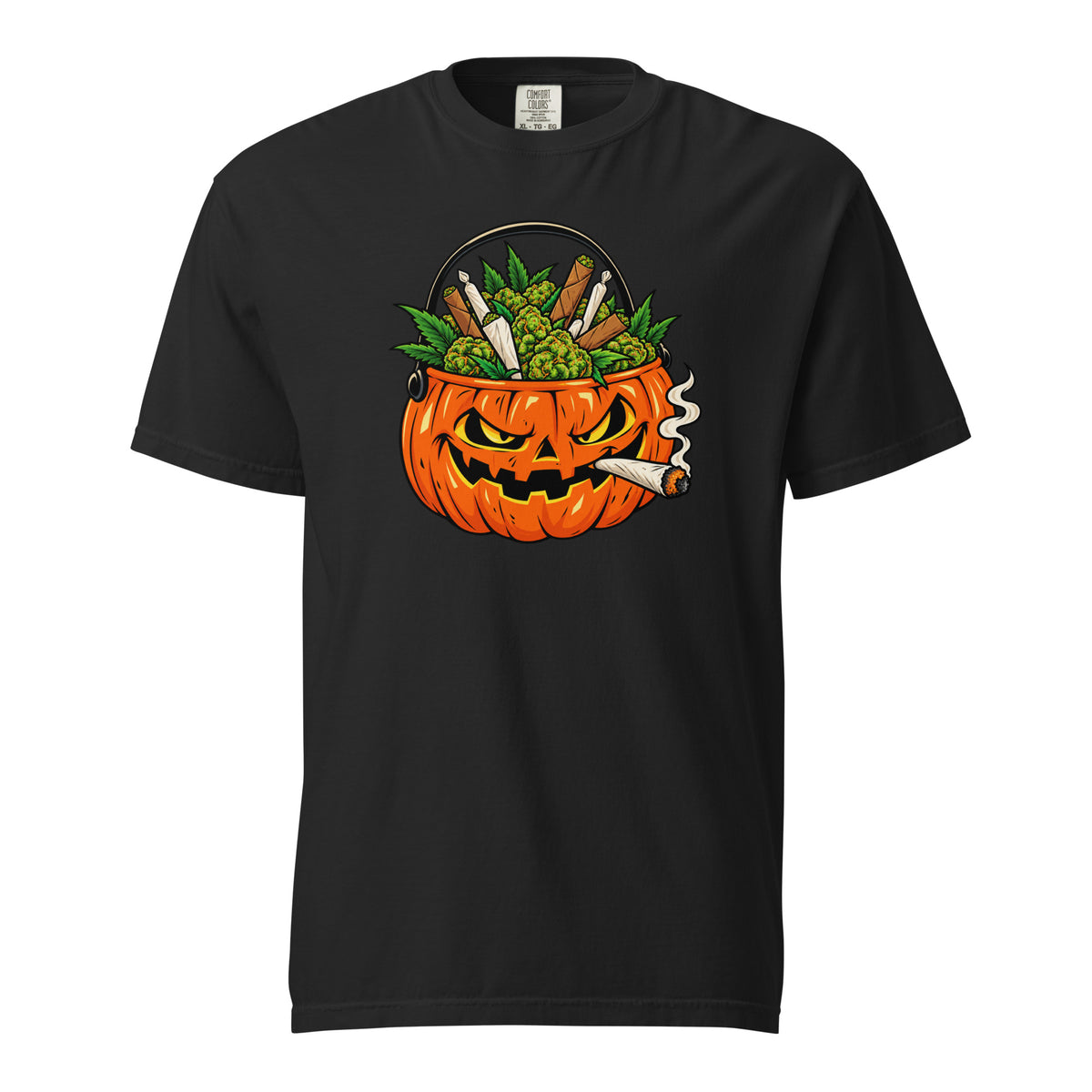 Jack-o’-Lantern Weed T-Shirt, Halloween 420 Cannabis Tee, Pumpkin Bucket Stoner Graphic Shirt