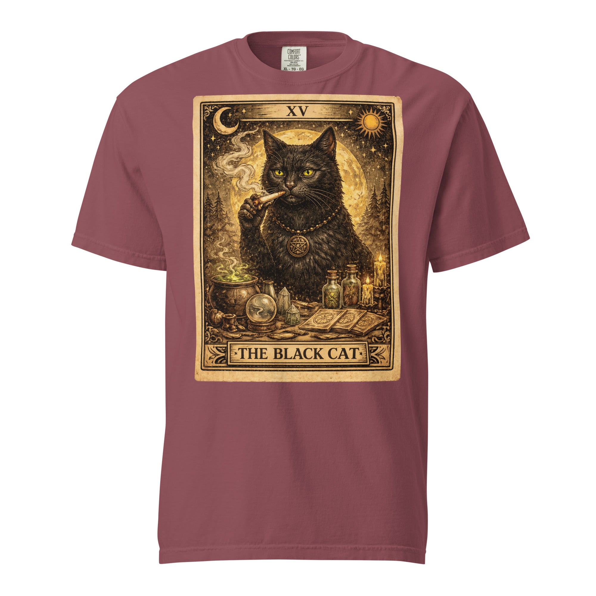 The Black Cat Tarot Card T-Shirt | Gothic Black Cat Smoking Joint Cannabis Graphic Tee | Occult Weed Shirt | Magic Leaf Tees