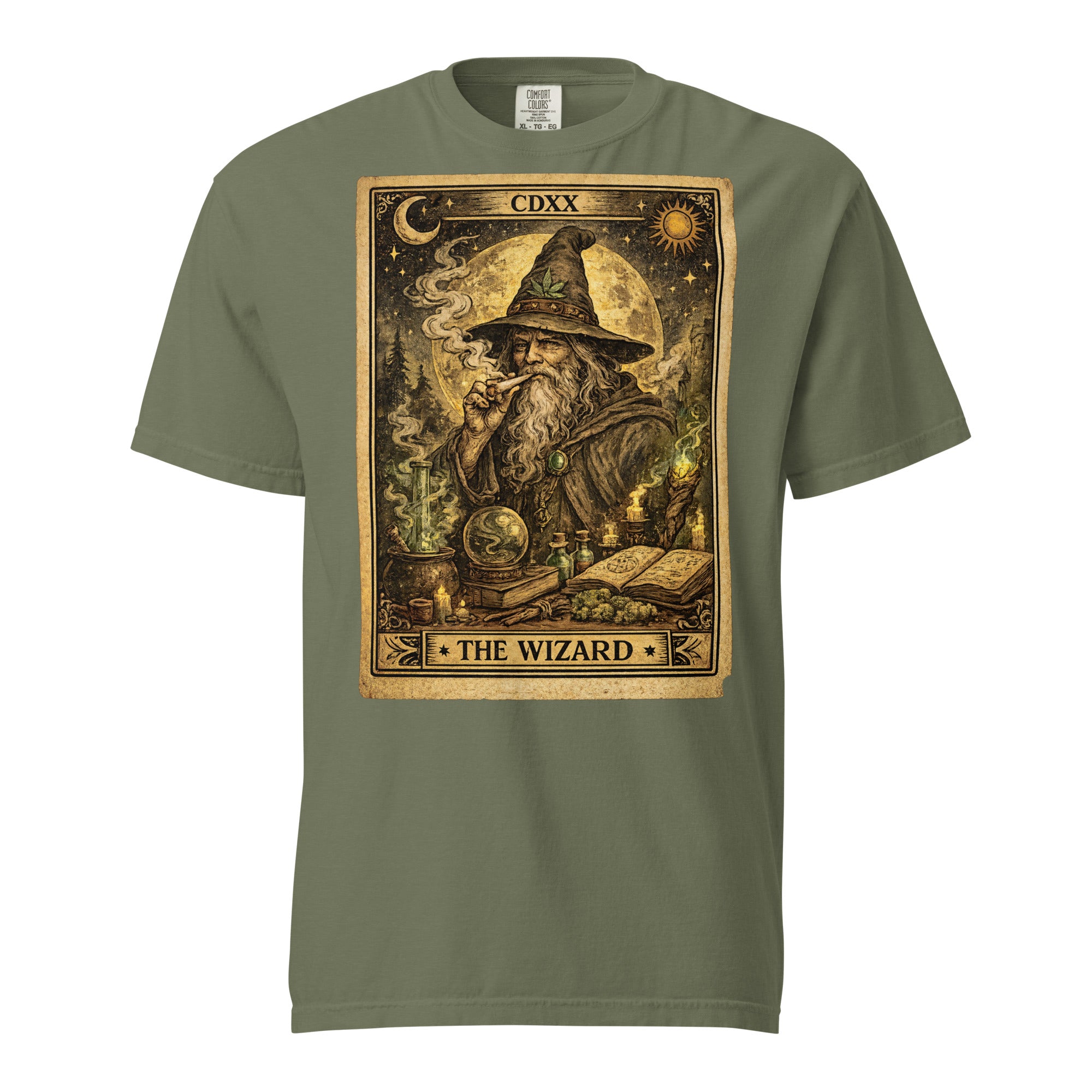 The Wizard 420 Tarot Card T-Shirt | Wizard Smoking Joint Cannabis Graphic Tee | Vintage Weed Art Shirt | Magic Leaf Tees