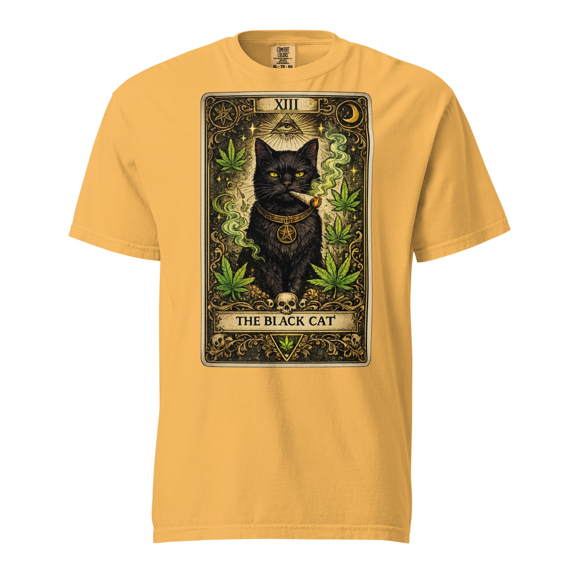 The Black Cat Tarot Card T-Shirt | Gothic Black Cat Smoking Joint Cannabis Graphic Tee | Occult Weed Shirt | Magic Leaf Tees