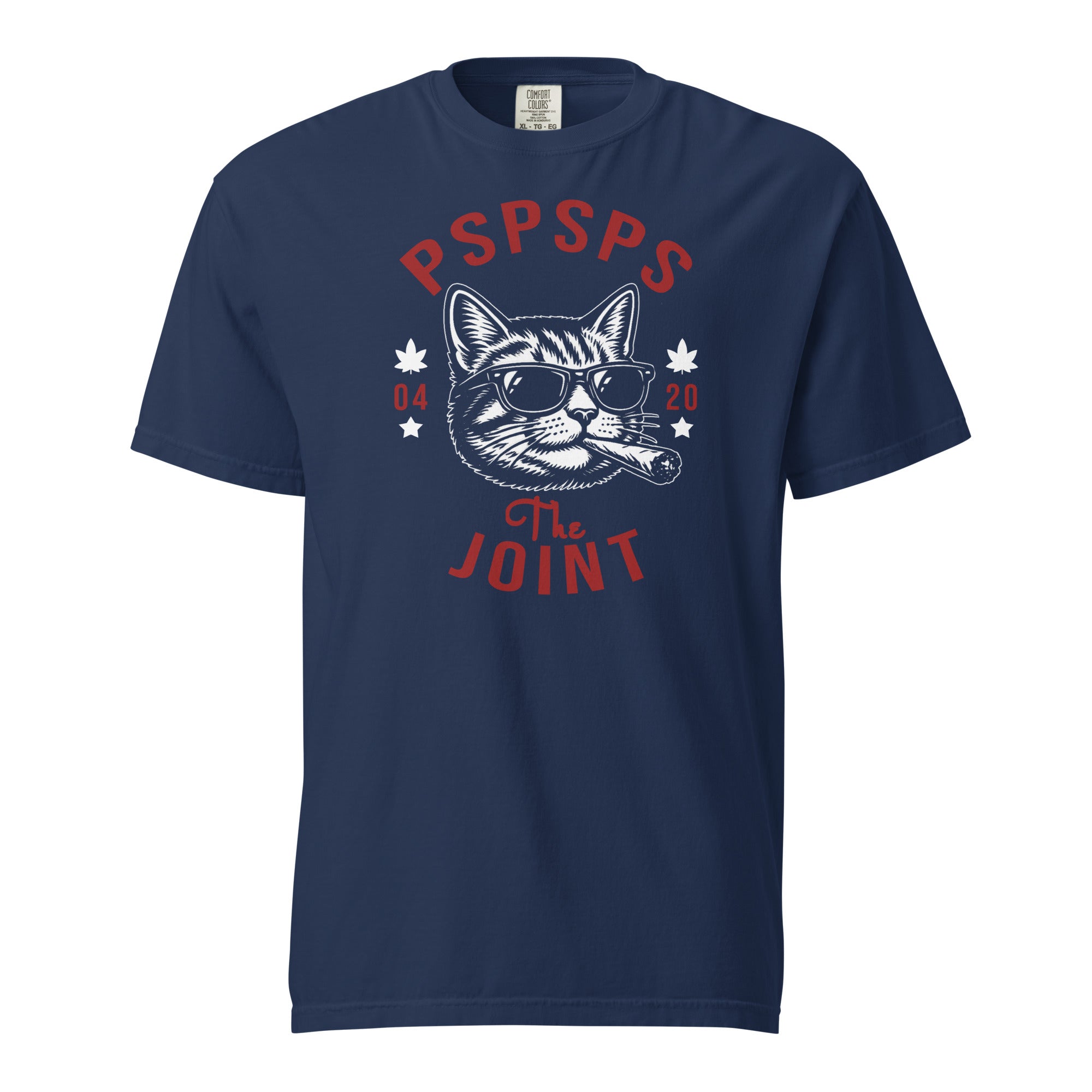 Minimalist illustration of a cool cat wearing sunglasses and smoking a joint, with the caption “PSPSPS The Joint,” on a clean background.
