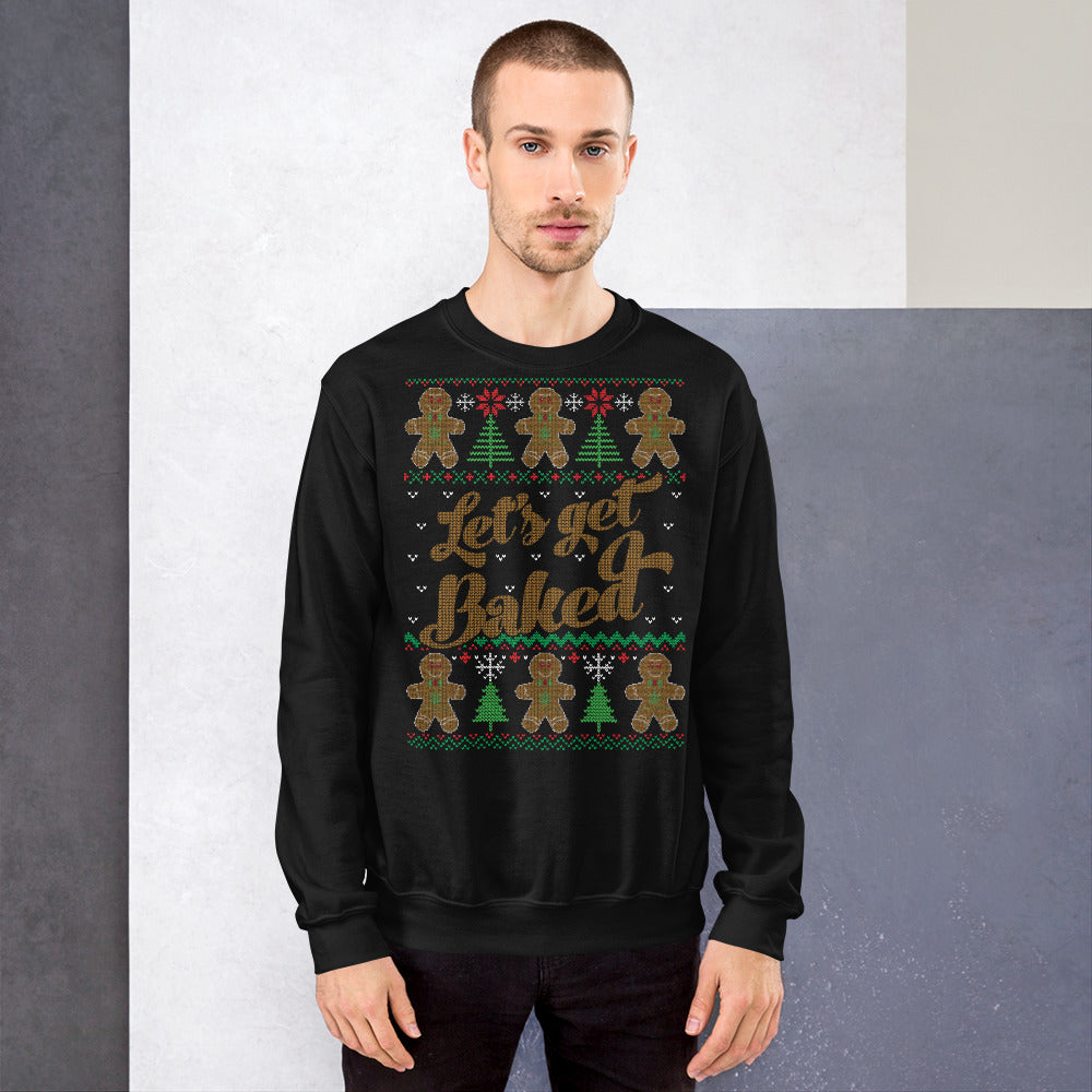 Let's Get Baked Stoner Gingerbread Man Ugly Christmas Black Sweater Sweatshirt - Magic Leaf Tees