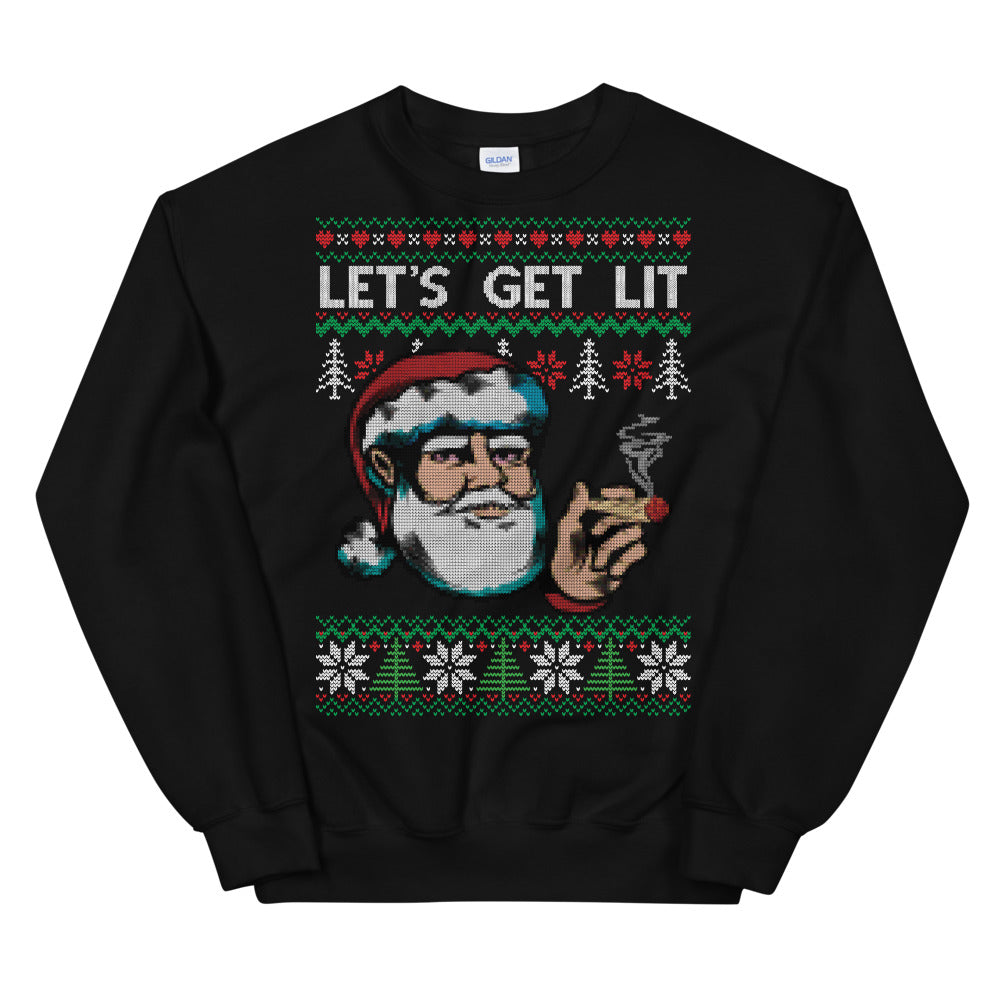 Ugly Smoking Santa Let's Get Lit Stoner Christmas Black Sweater - Magic Leaf Tees