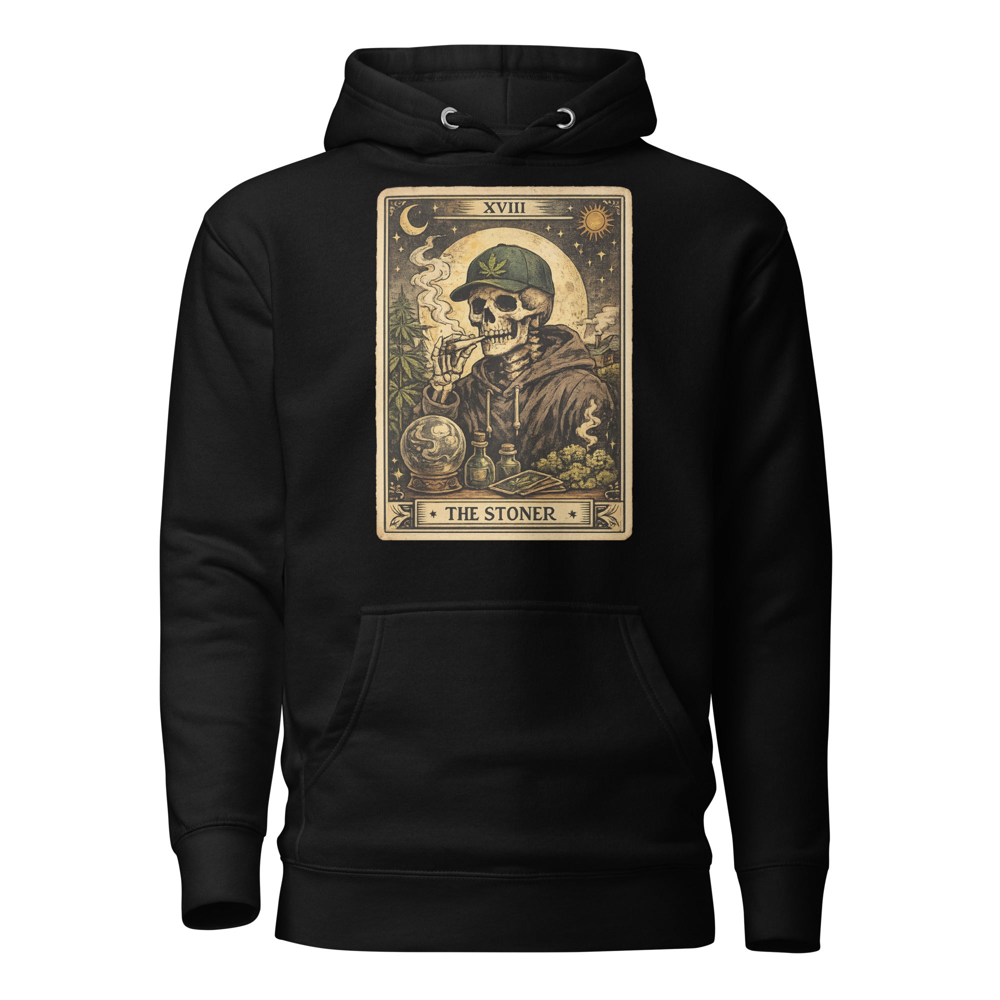 The Stoner Tarot Card Hoodie | Skeleton Smoking Joint Cannabis Pullover | Vintage Weed Graphic Hoodie | Magic Leaf Tees