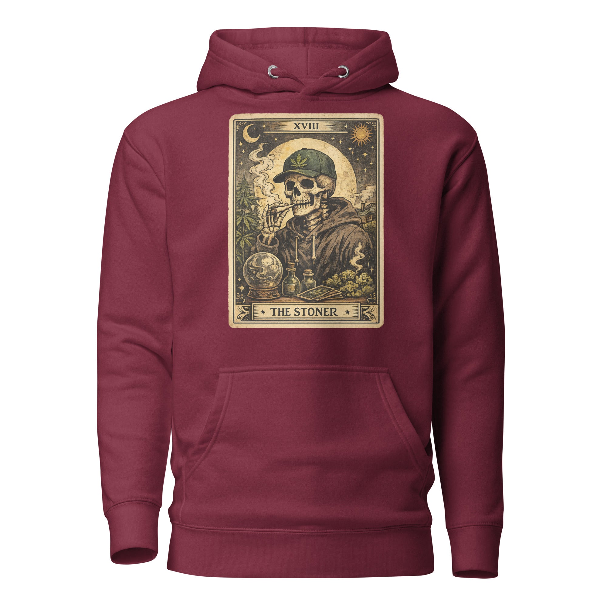 The Stoner Tarot Card Hoodie | Skeleton Smoking Joint Cannabis Pullover | Vintage Weed Graphic Hoodie | Magic Leaf Tees