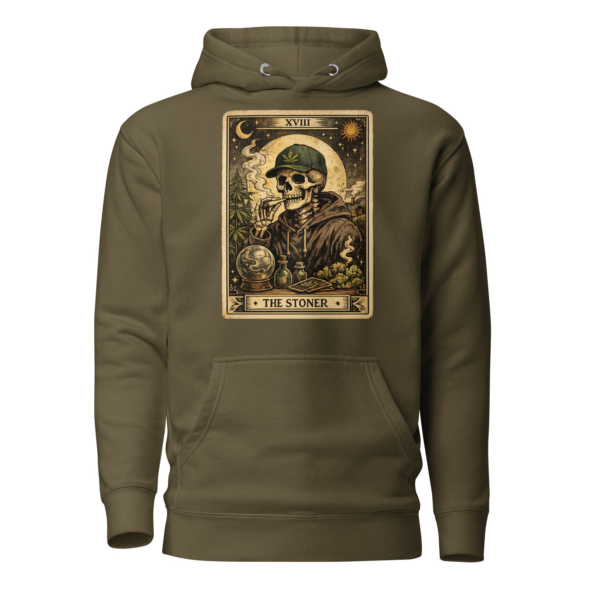 The Stoner Tarot Card Hoodie | Skeleton Smoking Joint Cannabis Pullover | Vintage Weed Graphic Hoodie | Magic Leaf Tees