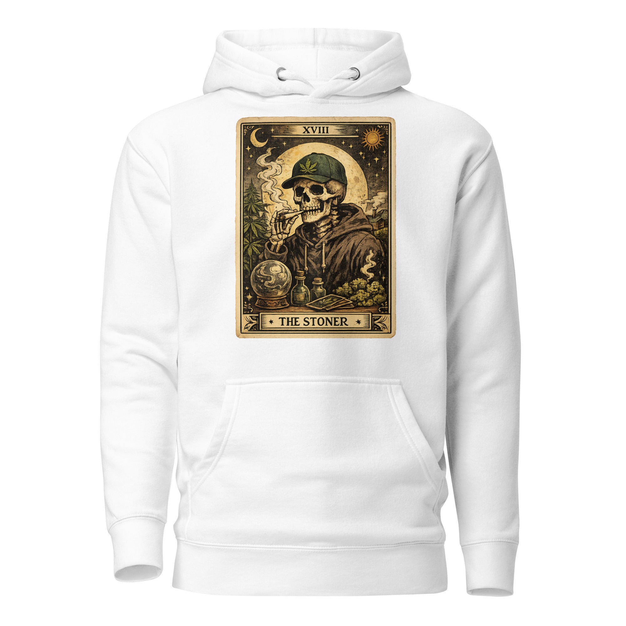 The Stoner Tarot Card Hoodie | Skeleton Smoking Joint Cannabis Pullover | Vintage Weed Graphic Hoodie | Magic Leaf Tees