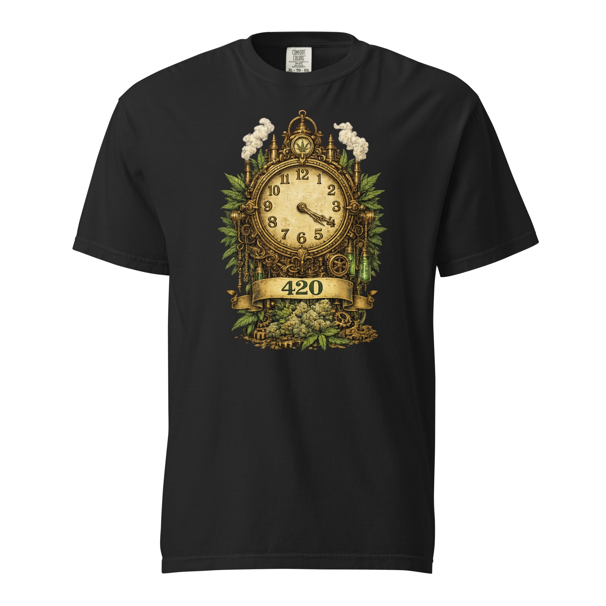 Steampunk 420 Clock T-Shirt – Vintage Cannabis Pocket Watch Graphic Tee | Industrial Weed Art Shirt | Magic Leaf Tees