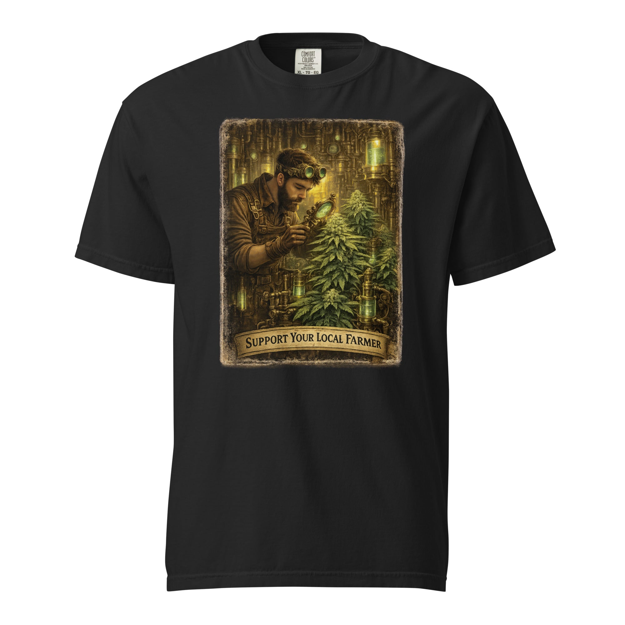 Steampunk Cannabis Gardener T-Shirt – Vintage Industrial Weed Cultivation Graphic Tee | Retro 420 Grower Shirt | Magic Leaf Tees
