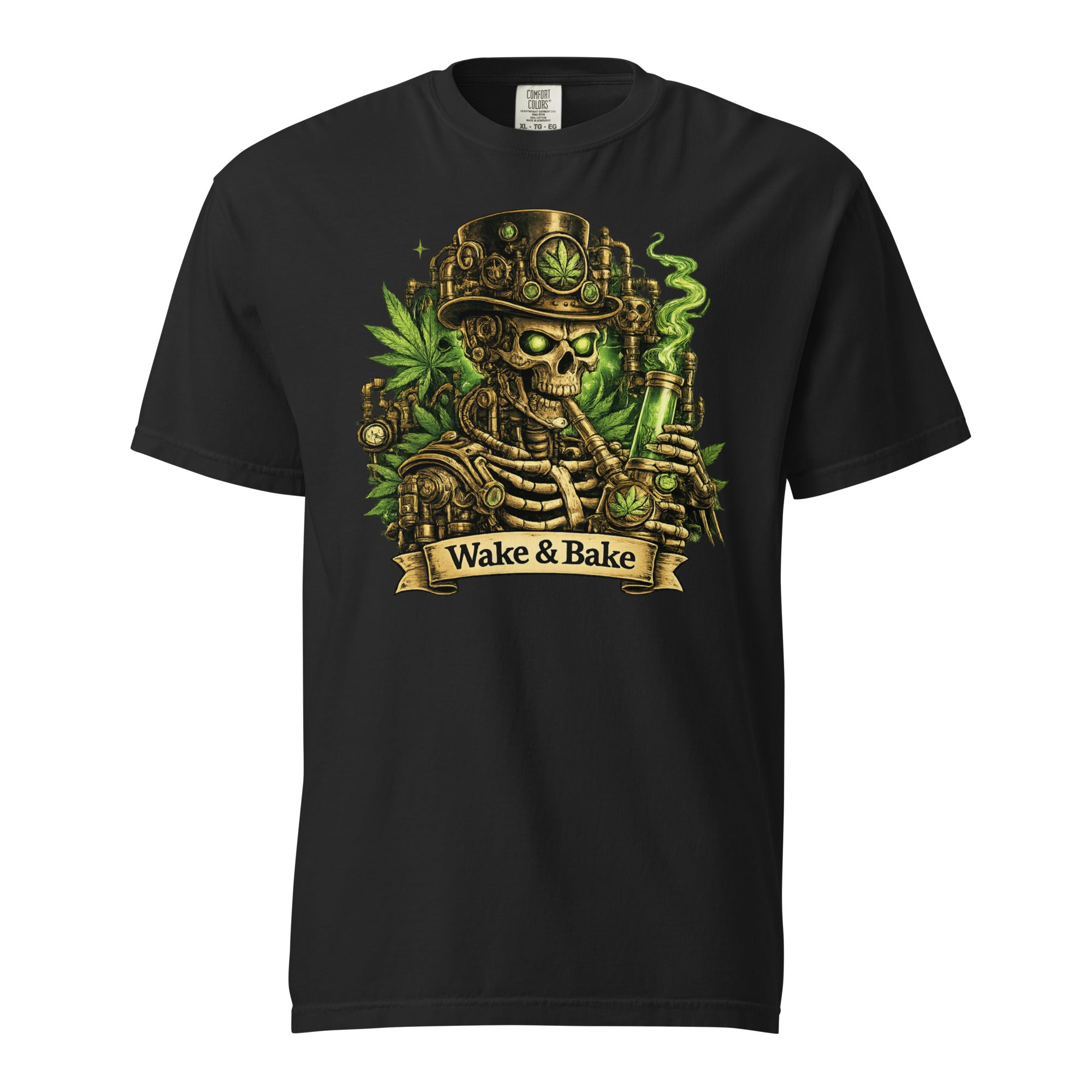 Wake & Bake Steampunk Skeleton T-Shirt – Cannabis Bong Graphic Tee | Mechanical Skull 420 Shirt | Magic Leaf Tees