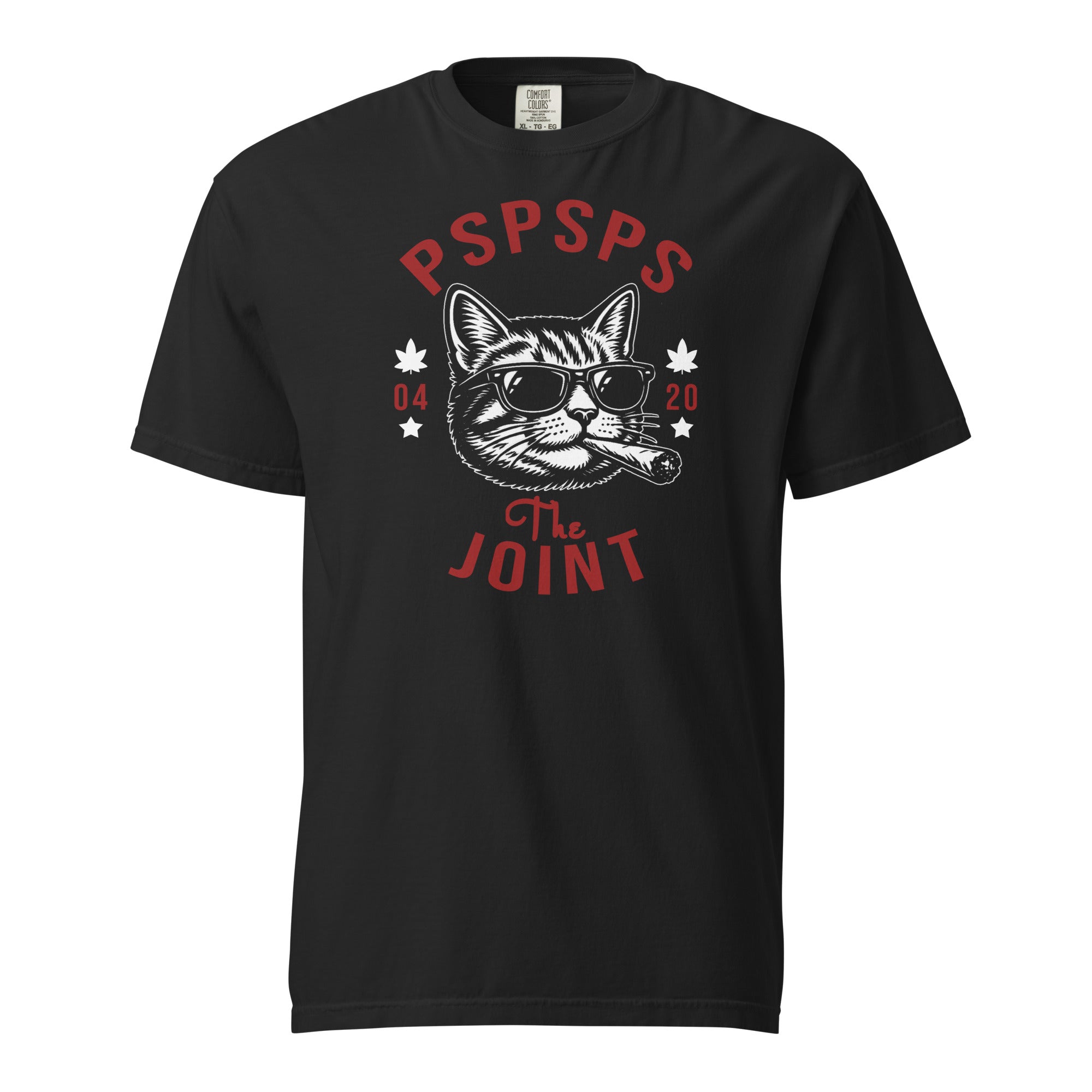 Minimalist illustration of a cool cat wearing sunglasses and smoking a joint, with the caption “PSPSPS The Joint,” on a clean background.