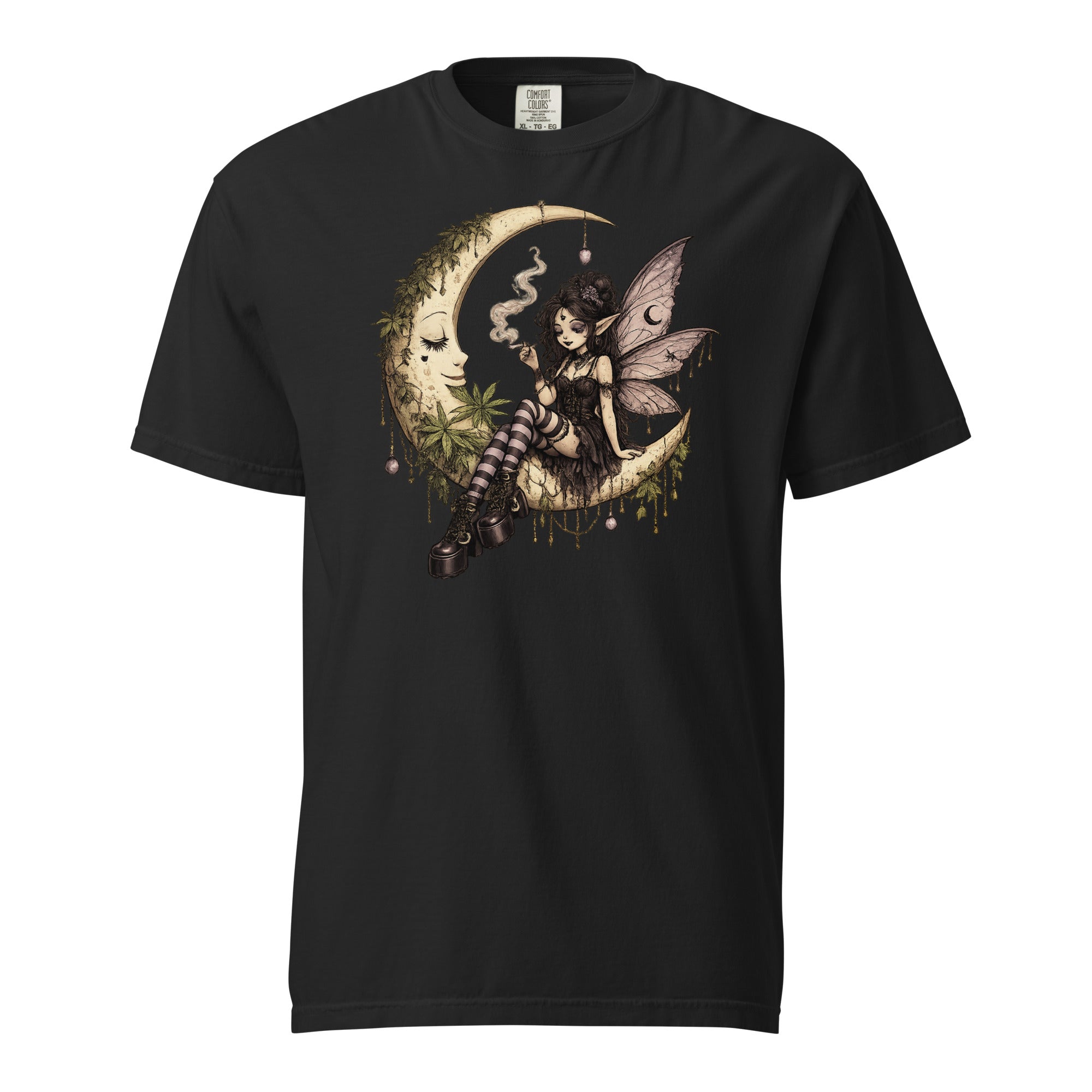 Whimsygoth Weed Fairy Crescent Moon T-Shirt | Gothic Cannabis Fairy Graphic Tee | Magic Leaf Tees