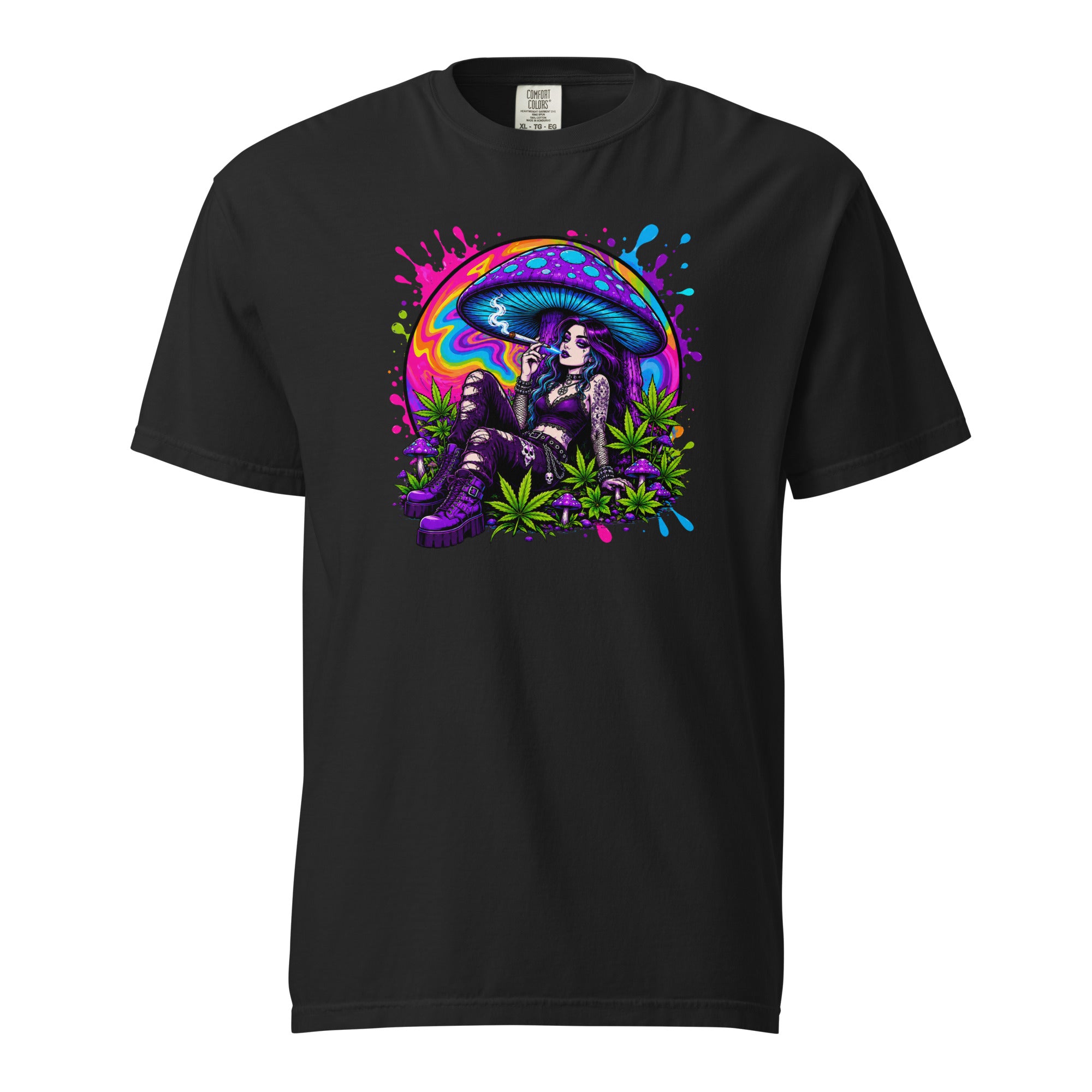 Goth Girl Mushroom T-Shirt, Psychedelic Cannabis Graphic Tee, Neon Stoner Pop Art Shirt, Magic Leaf Tees