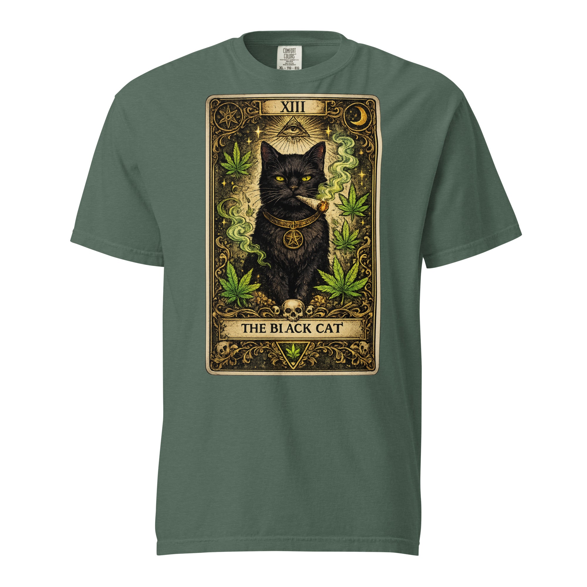 The Black Cat Tarot Card T-Shirt | Gothic Black Cat Smoking Joint Cannabis Graphic Tee | Occult Weed Shirt | Magic Leaf Tees