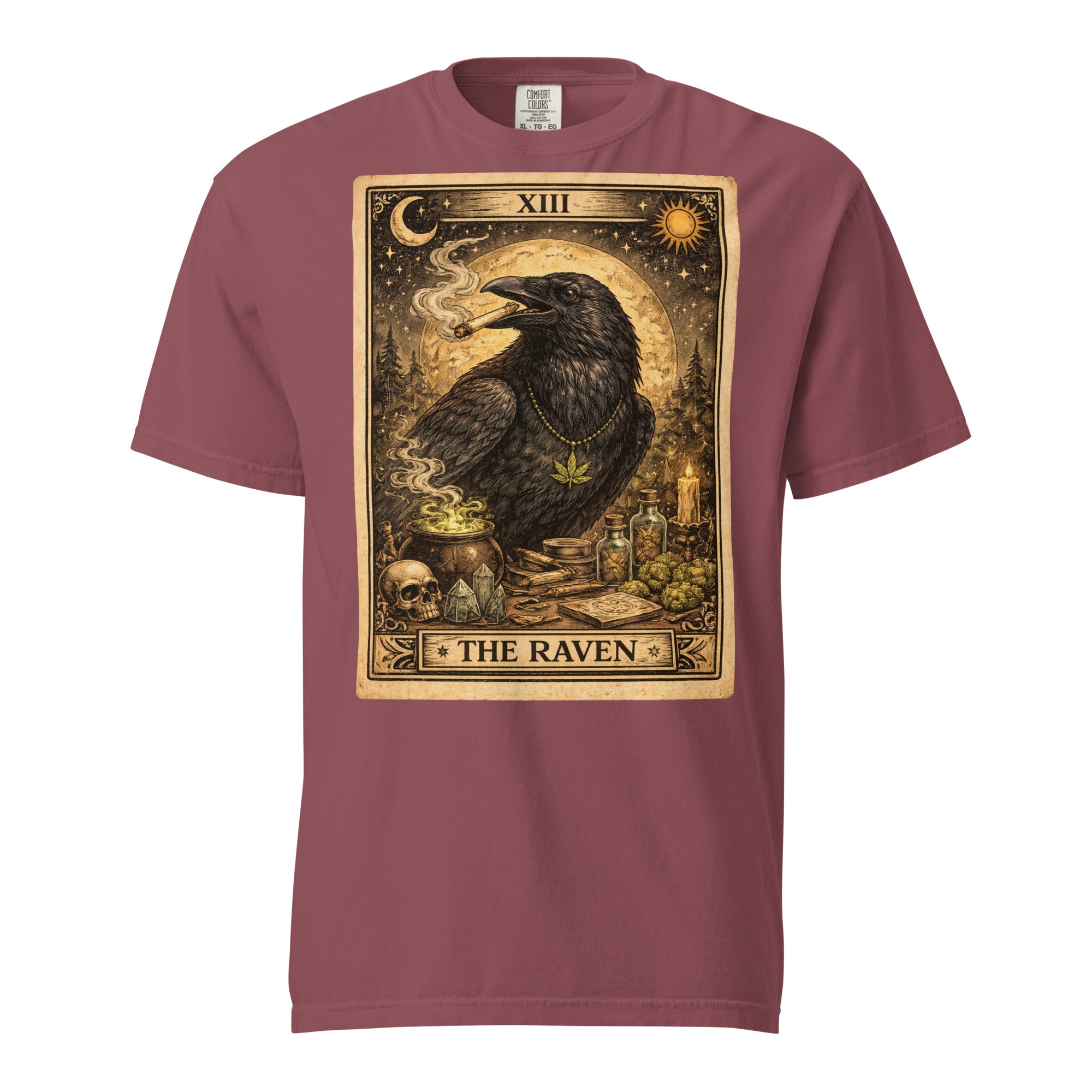 The Raven Tarot Card T-Shirt | Gothic Raven Smoking Joint Cannabis Graphic Tee | Vintage Occult Weed Shirt | Magic Leaf Tees