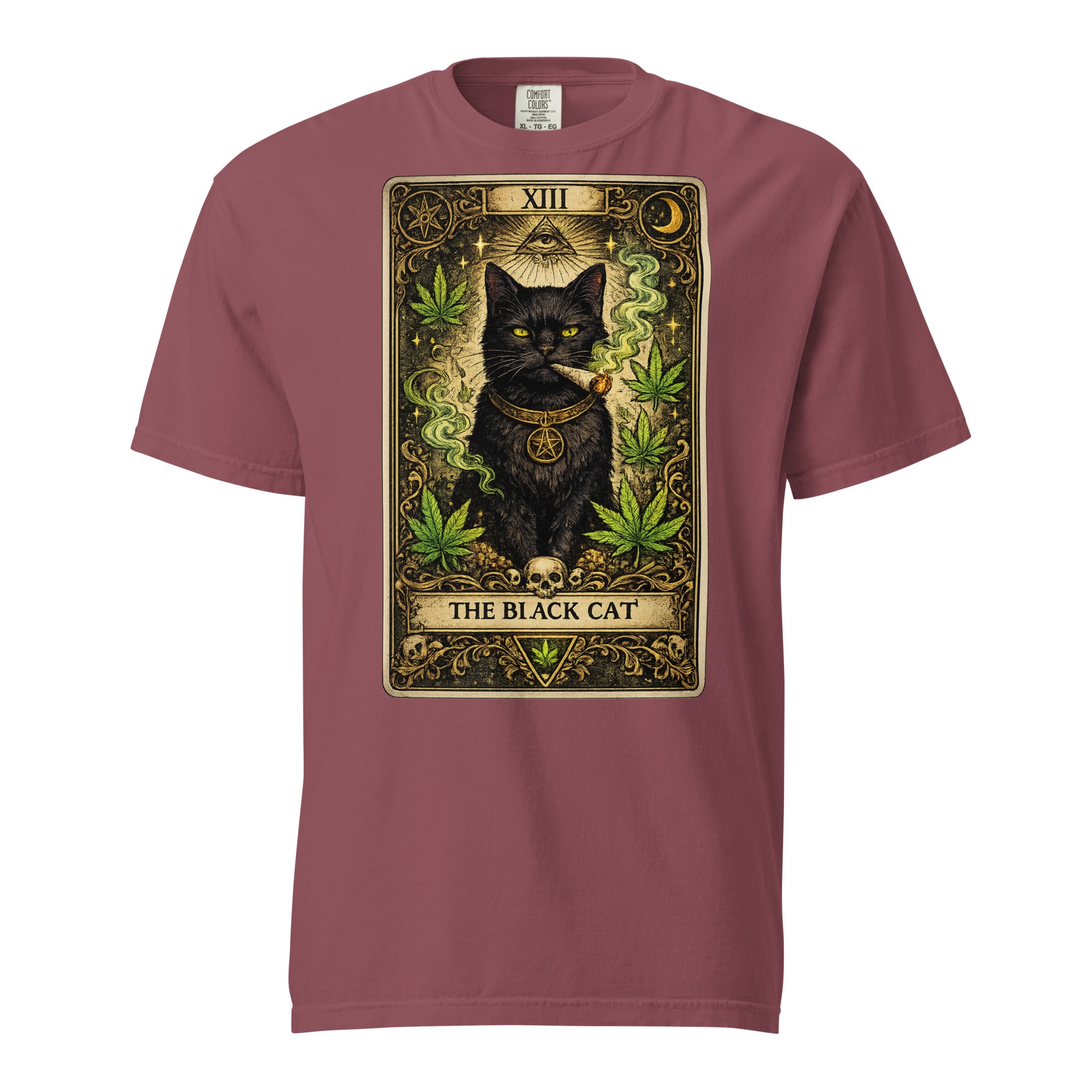 The Black Cat Tarot Card T-Shirt | Gothic Black Cat Smoking Joint Cannabis Graphic Tee | Occult Weed Shirt | Magic Leaf Tees