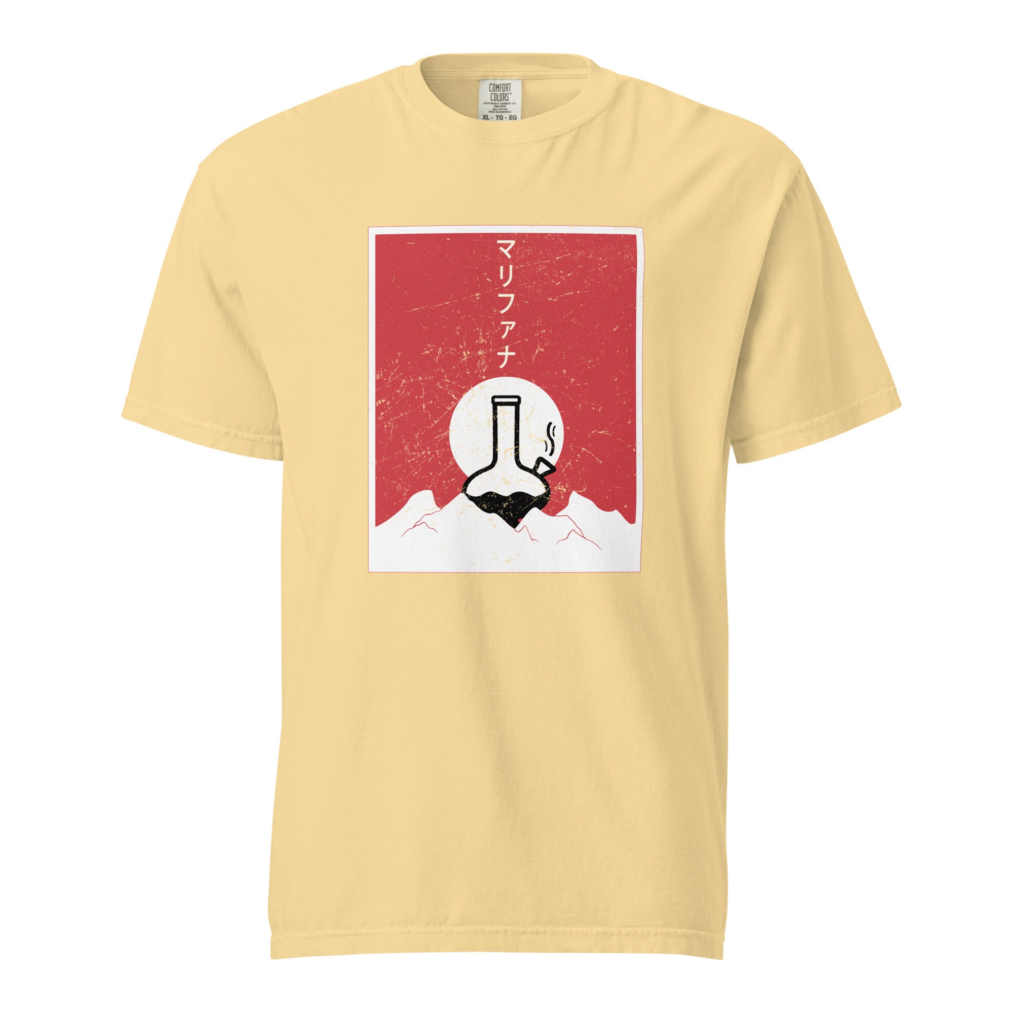 Vintage Japanese Cannabis T-Shirt – Minimalist Water Pipe, Sun & Mountain | Magic Leaf Tees