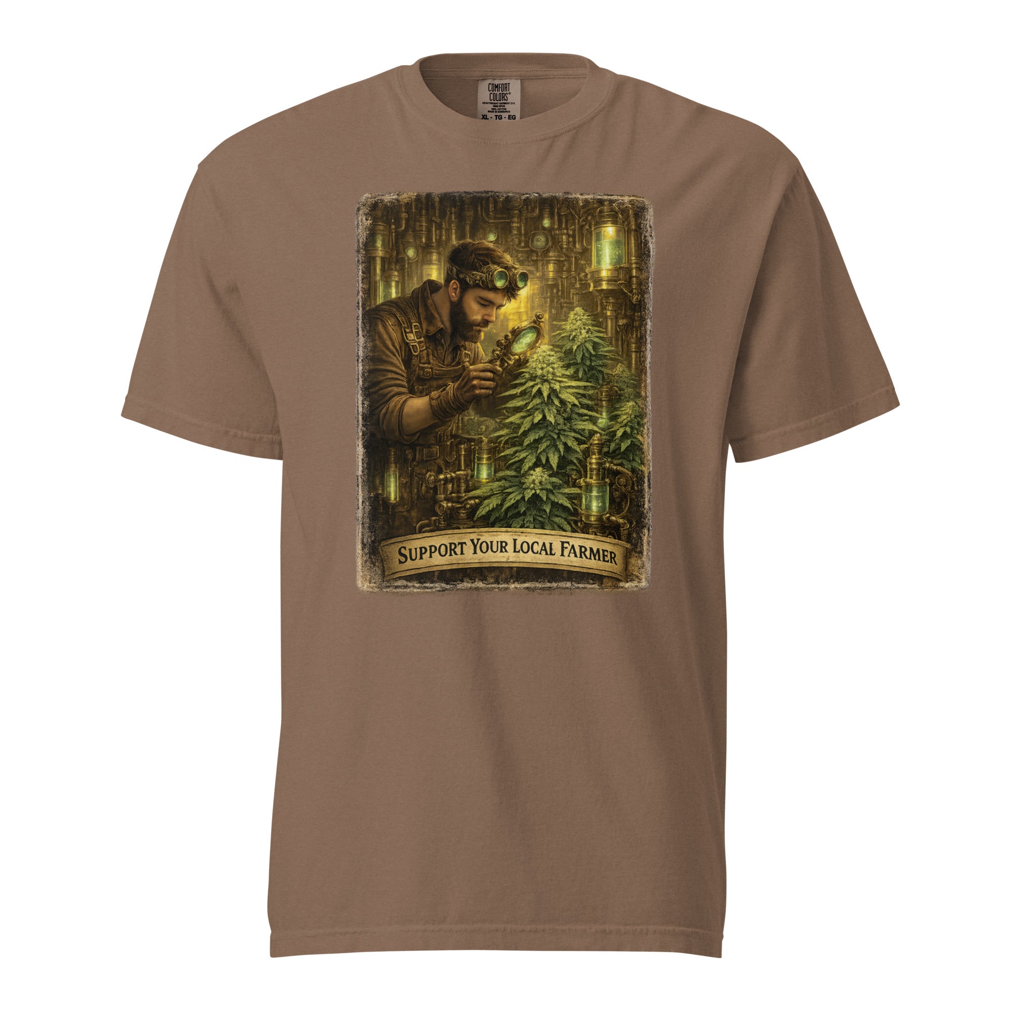Steampunk Cannabis Gardener T-Shirt – Vintage Industrial Weed Cultivation Graphic Tee | Retro 420 Grower Shirt | Magic Leaf Tees