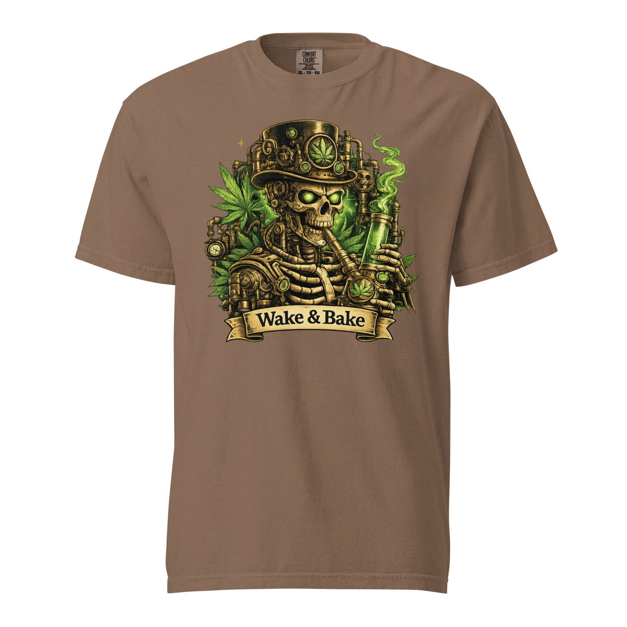 Wake & Bake Steampunk Skeleton T-Shirt – Cannabis Bong Graphic Tee | Mechanical Skull 420 Shirt | Magic Leaf Tees
