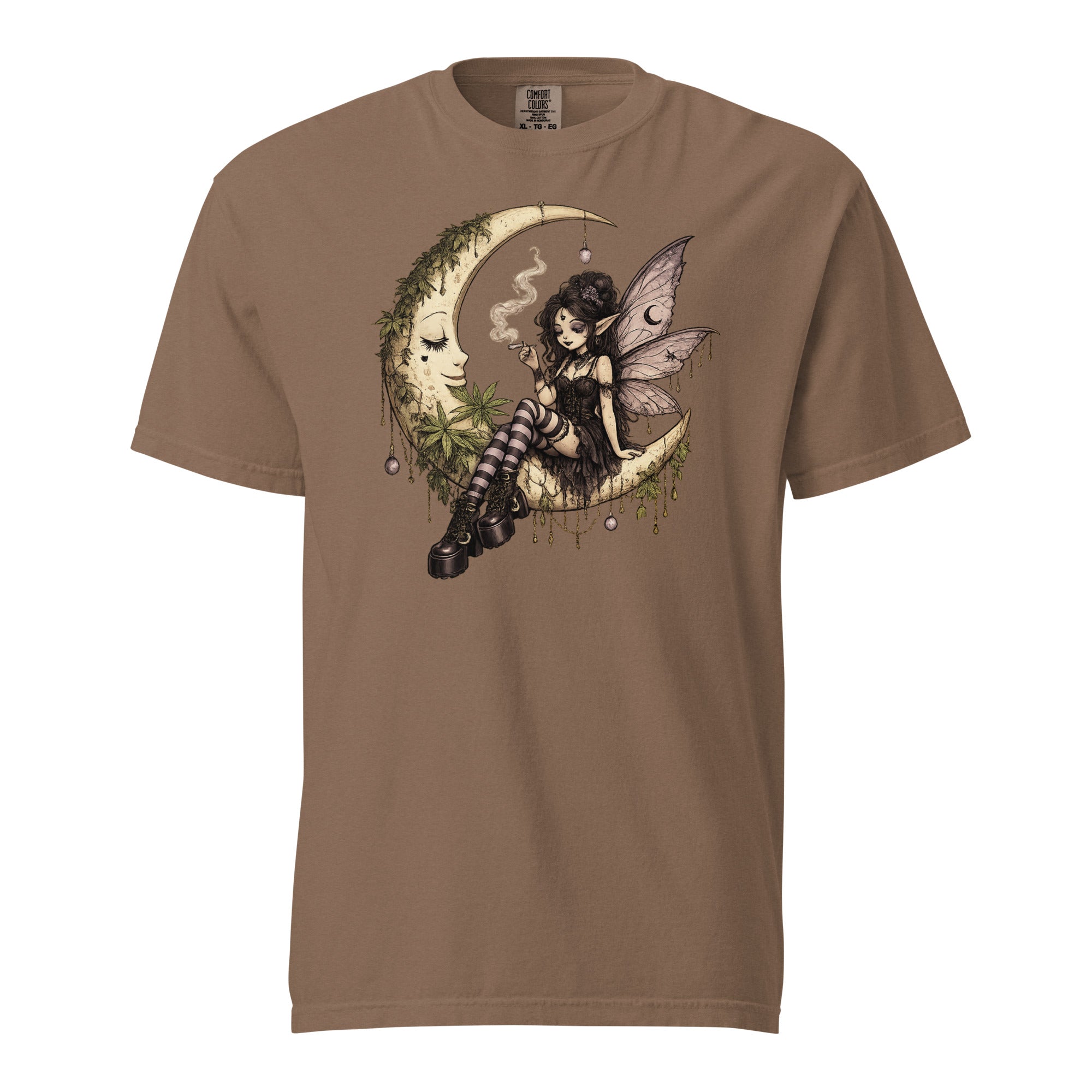 Whimsygoth Weed Fairy Crescent Moon T-Shirt | Gothic Cannabis Fairy Graphic Tee | Magic Leaf Tees