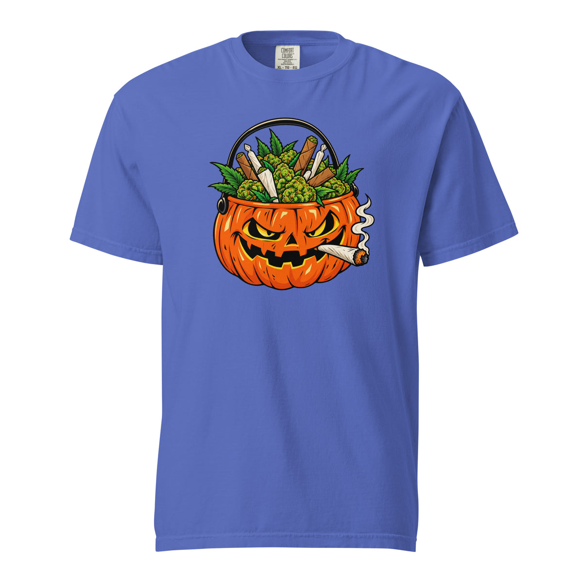 Jack-o’-Lantern Weed T-Shirt, Halloween 420 Cannabis Tee, Pumpkin Bucket Stoner Graphic Shirt