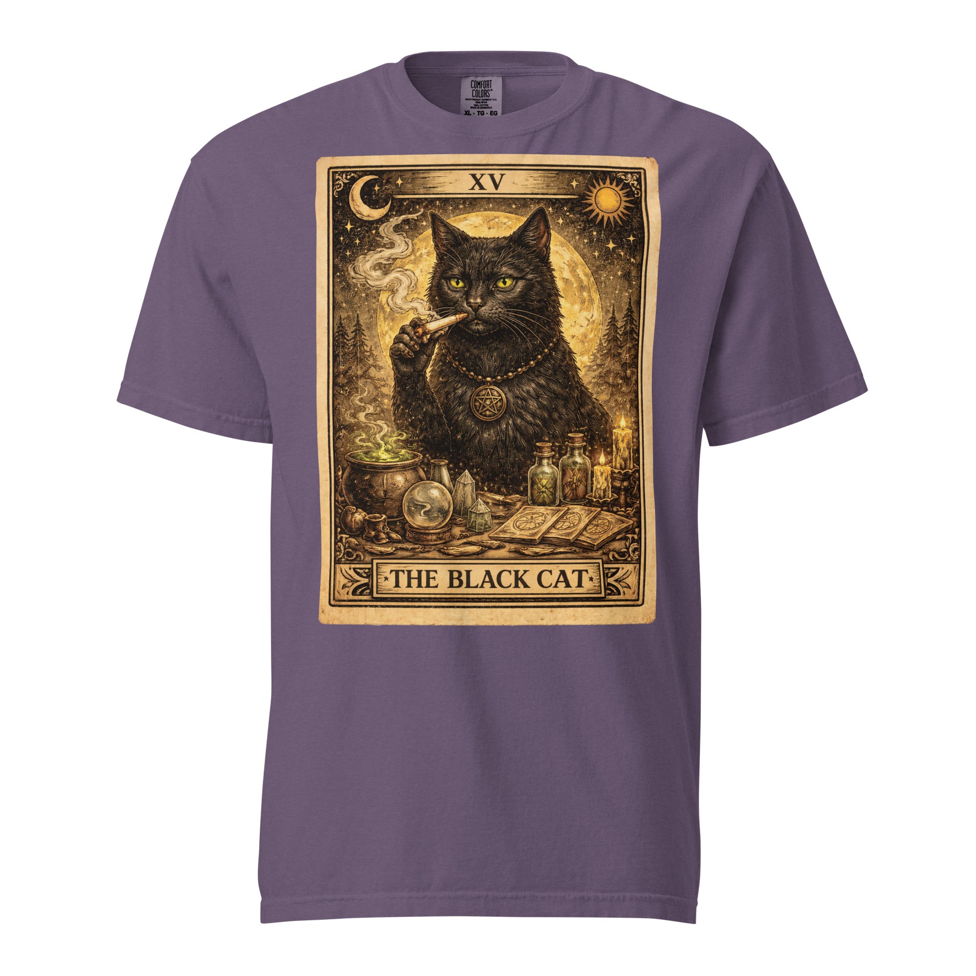 The Black Cat Tarot Card T-Shirt | Gothic Black Cat Smoking Joint Cannabis Graphic Tee | Occult Weed Shirt | Magic Leaf Tees