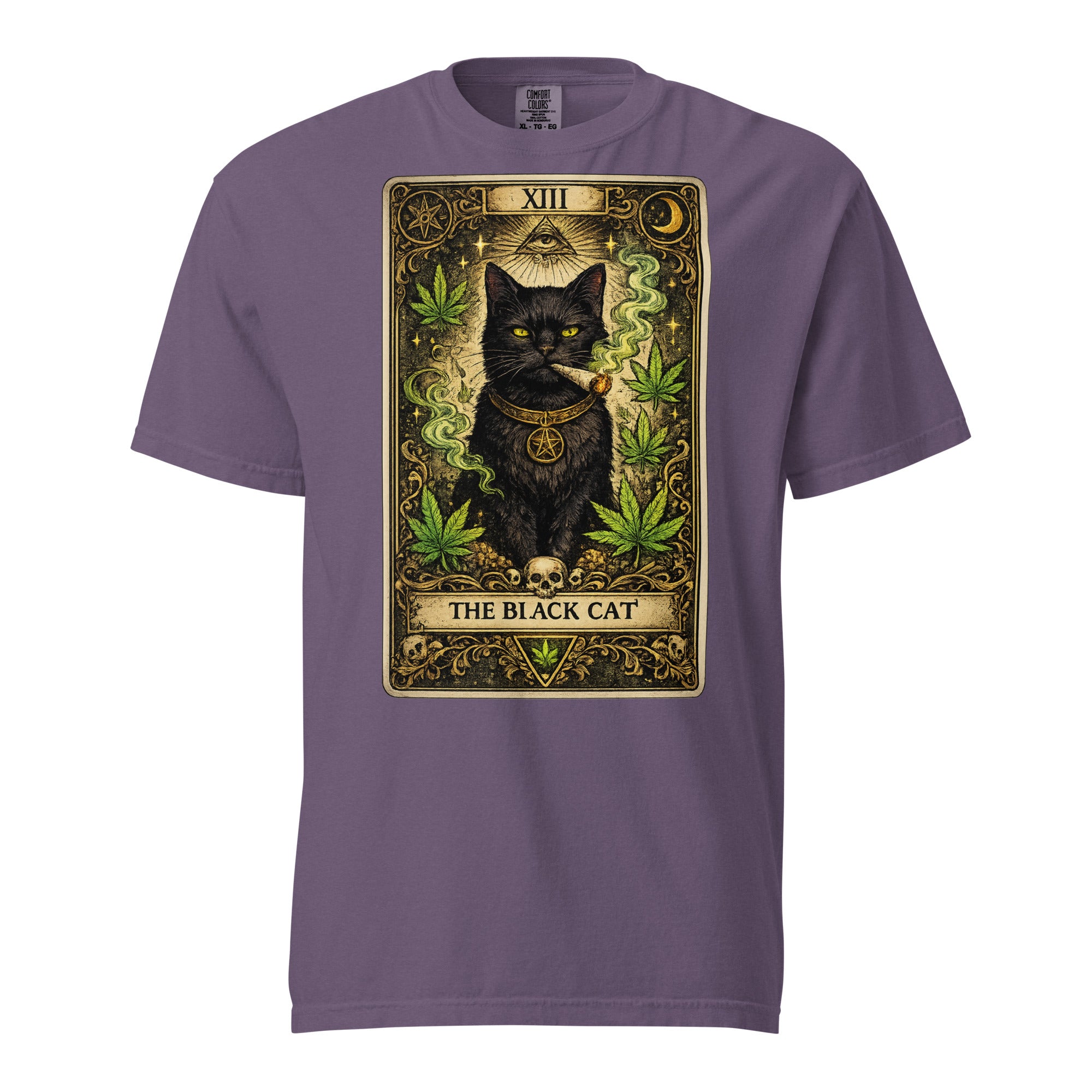 The Black Cat Tarot Card T-Shirt | Gothic Black Cat Smoking Joint Cannabis Graphic Tee | Occult Weed Shirt | Magic Leaf Tees