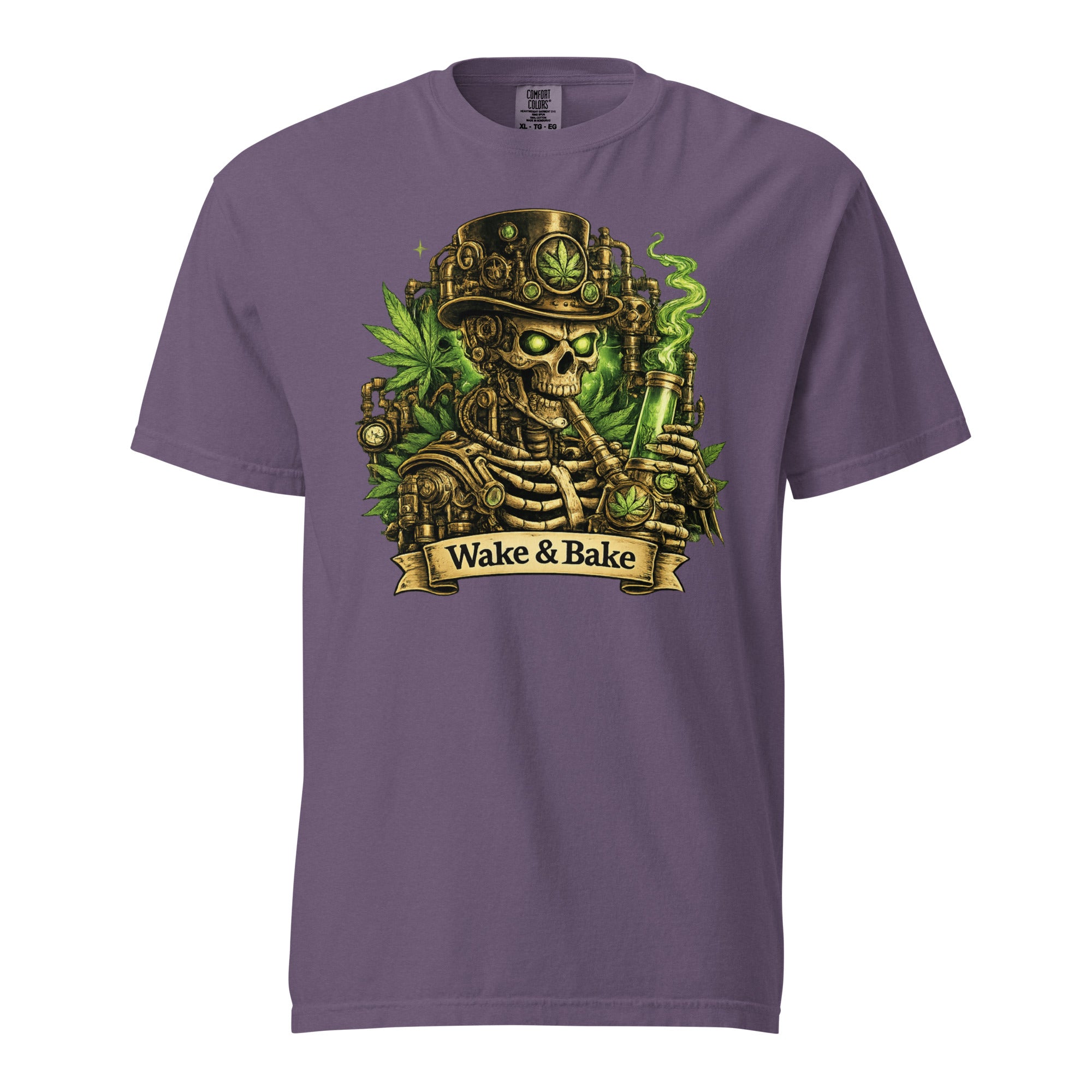 Wake & Bake Steampunk Skeleton T-Shirt – Cannabis Bong Graphic Tee | Mechanical Skull 420 Shirt | Magic Leaf Tees