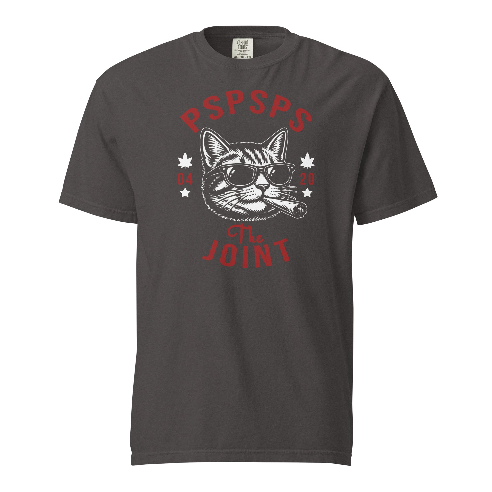 Minimalist illustration of a cool cat wearing sunglasses and smoking a joint, with the caption “PSPSPS The Joint,” on a clean background.
