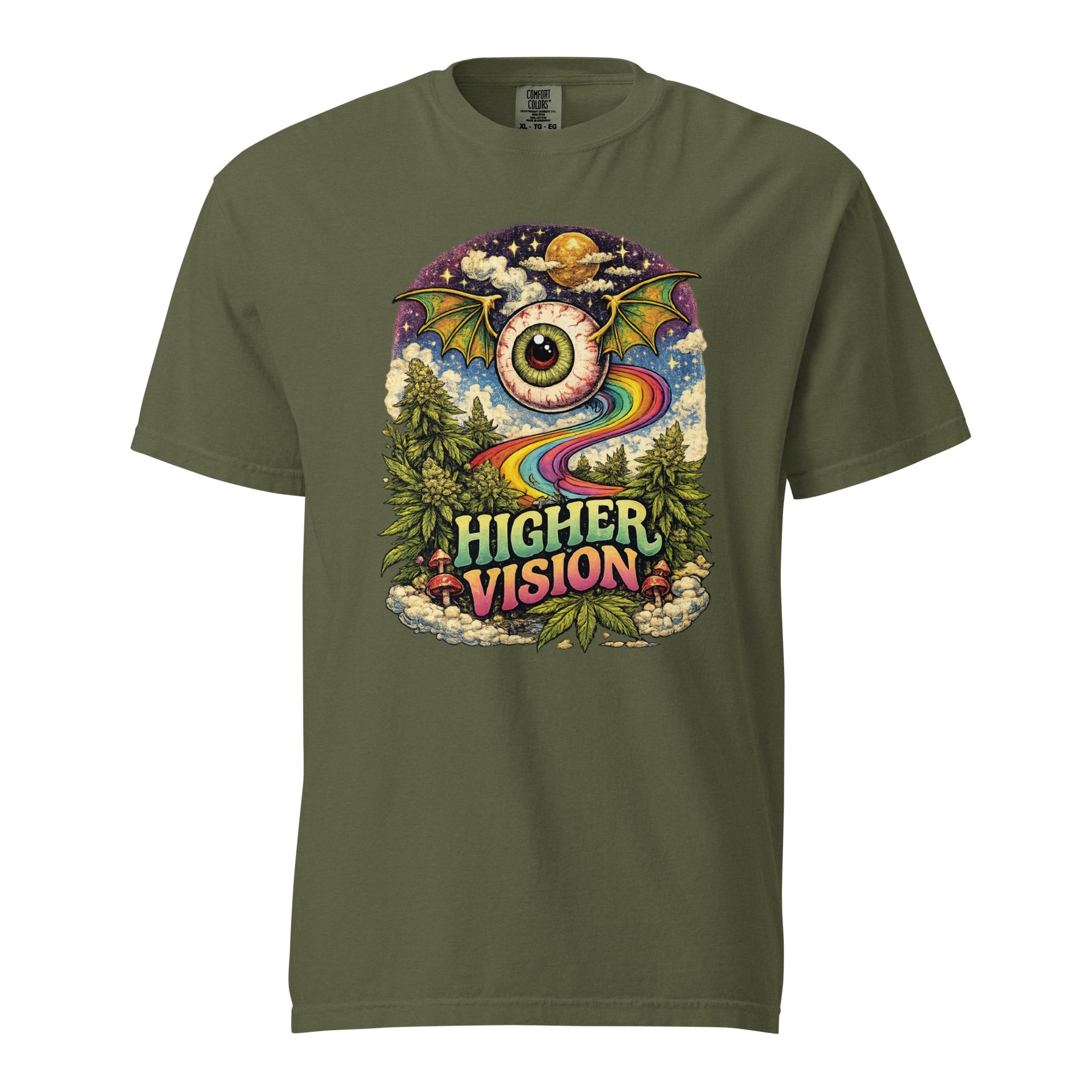 Higher Vision Flying Eye T-Shirt – Retro 60s Psychedelic Cannabis Graphic Tee | Vintage Stoner Art Shirt | Magic Leaf Tees