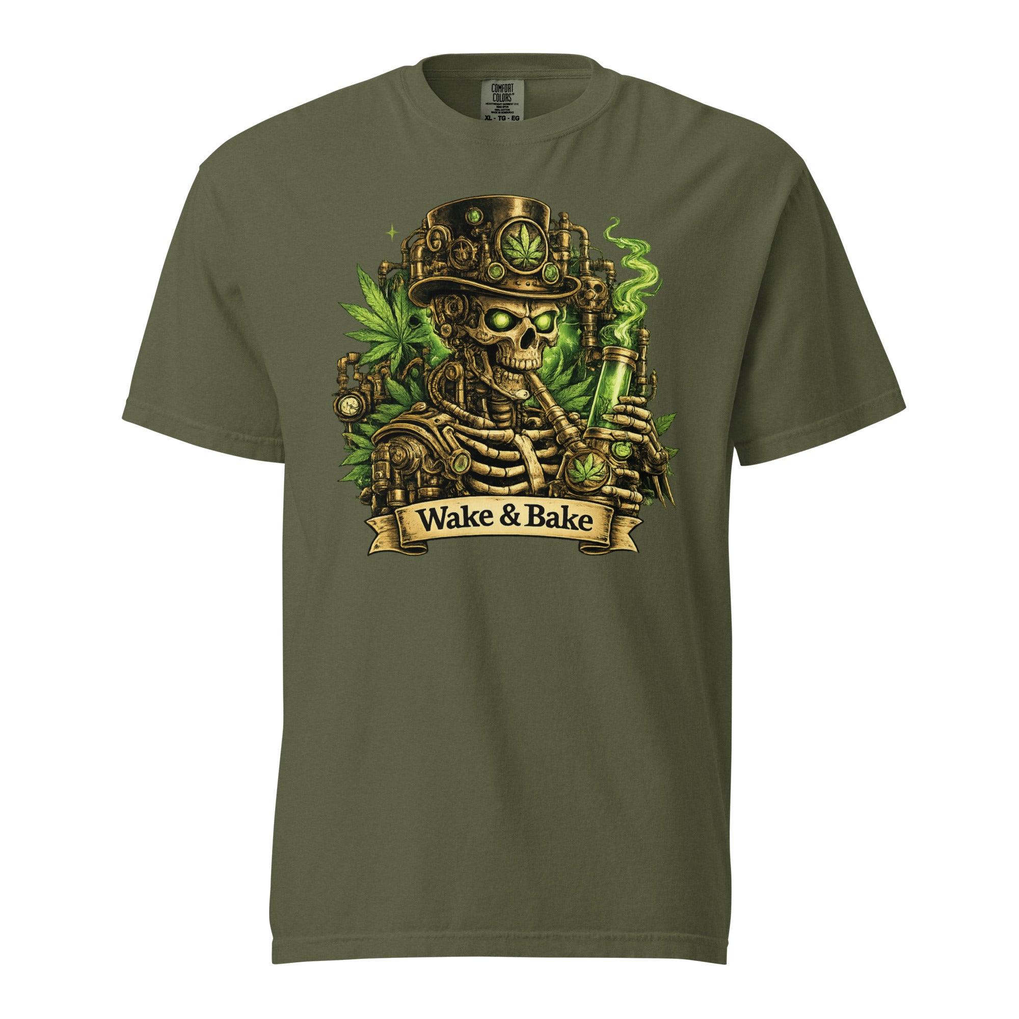 Wake & Bake Steampunk Skeleton T-Shirt – Cannabis Bong Graphic Tee | Mechanical Skull 420 Shirt | Magic Leaf Tees
