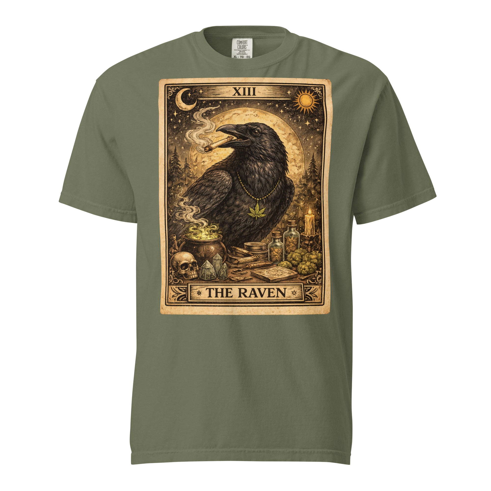 The Raven Tarot Card T-Shirt | Gothic Raven Smoking Joint Cannabis Graphic Tee | Vintage Occult Weed Shirt | Magic Leaf Tees