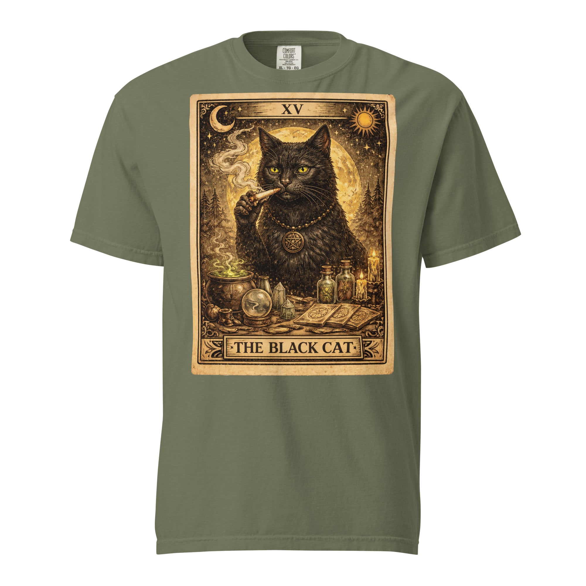 The Black Cat Tarot Card T-Shirt | Gothic Black Cat Smoking Joint Cannabis Graphic Tee | Occult Weed Shirt | Magic Leaf Tees