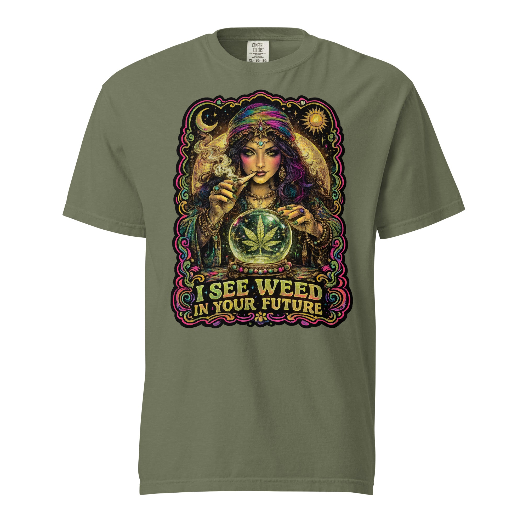 I See Weed In Your Future T-Shirt | 70s Blacklight Fortune Teller Cannabis Graphic Tee | Psychedelic Weed Shirt | Magic Leaf Tees