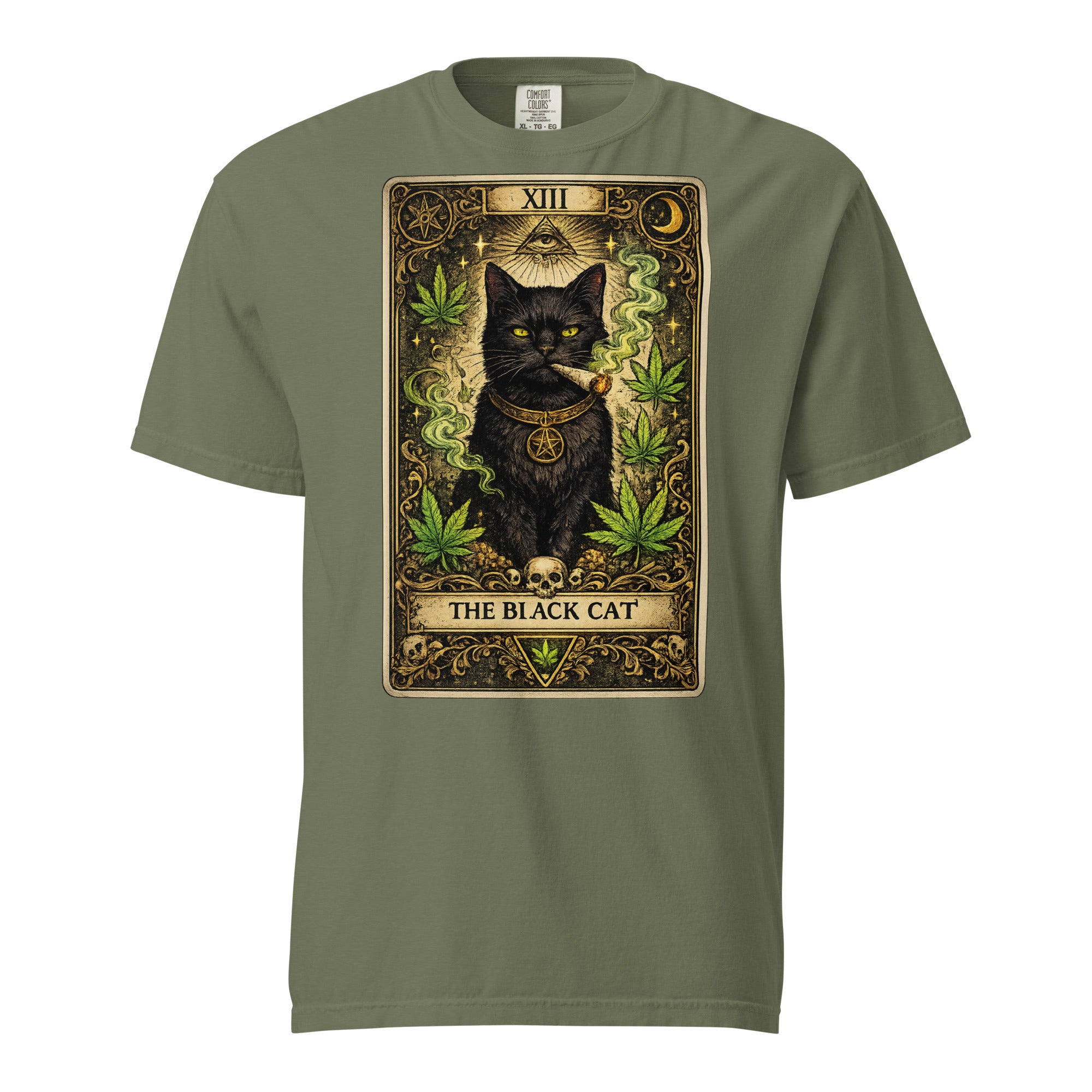 The Black Cat Tarot Card T-Shirt | Gothic Black Cat Smoking Joint Cannabis Graphic Tee | Occult Weed Shirt | Magic Leaf Tees