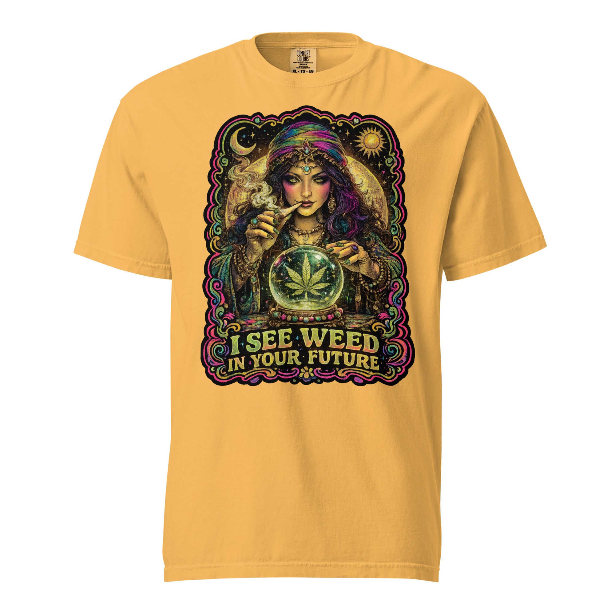 I See Weed In Your Future T-Shirt | 70s Blacklight Fortune Teller Cannabis Graphic Tee | Psychedelic Weed Shirt | Magic Leaf Tees