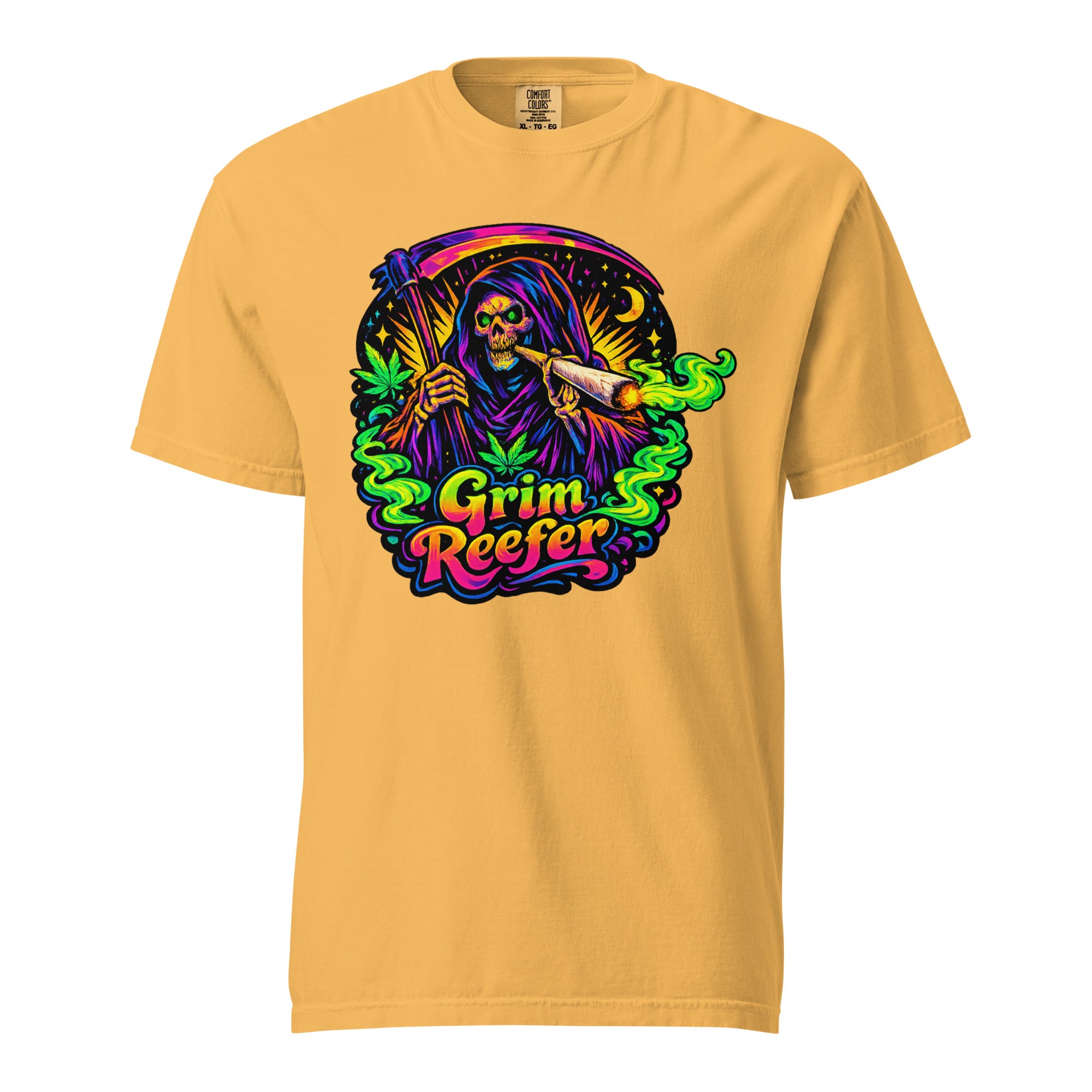 Grim Reefer T-Shirt – 70s Psychedelic Grim Reaper Stoner Graphic Tee | Retro Cannabis Art Shirt