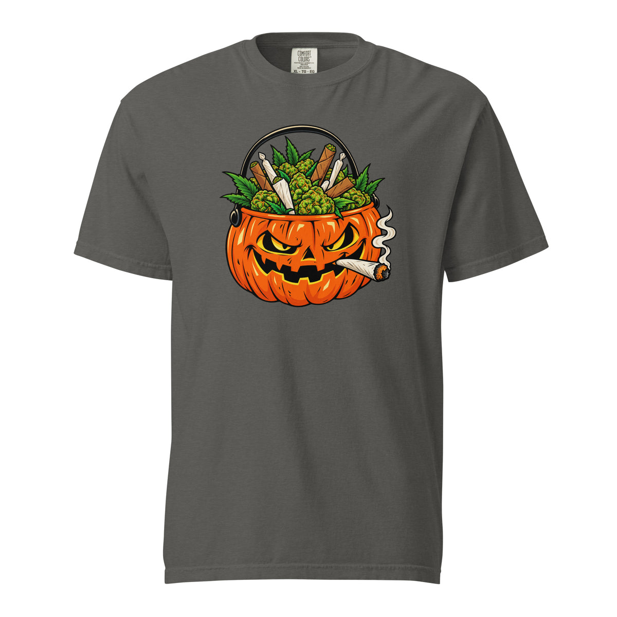 Jack-o’-Lantern Weed T-Shirt, Halloween 420 Cannabis Tee, Pumpkin Bucket Stoner Graphic Shirt