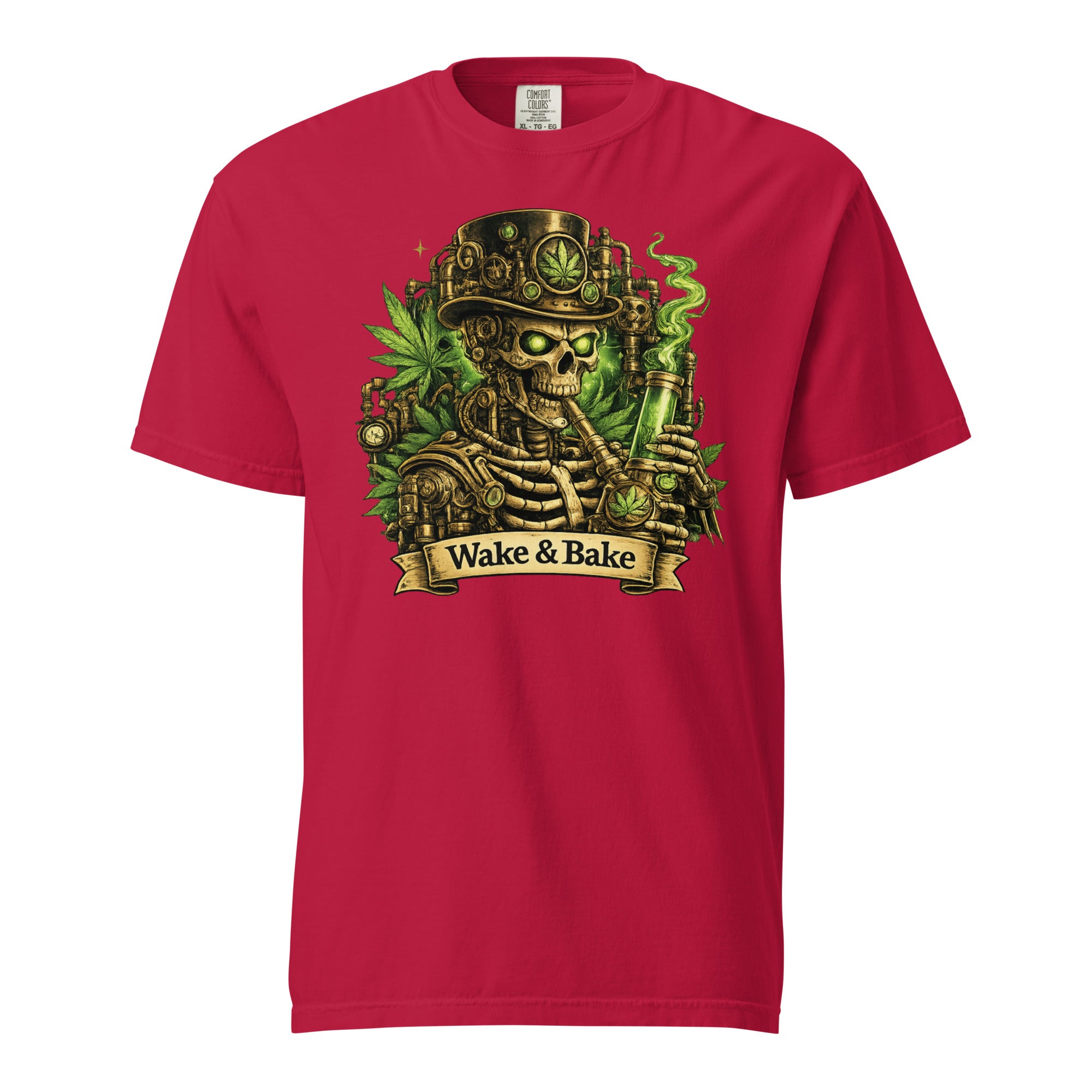 Wake & Bake Steampunk Skeleton T-Shirt – Cannabis Bong Graphic Tee | Mechanical Skull 420 Shirt | Magic Leaf Tees