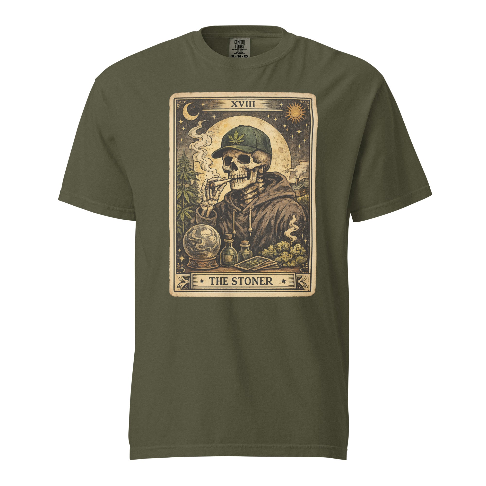 The Stoner Tarot Card T-Shirt | Skeleton Smoking Joint Cannabis Graphic Tee | Vintage Weed Art Shirt | Magic Leaf Tees