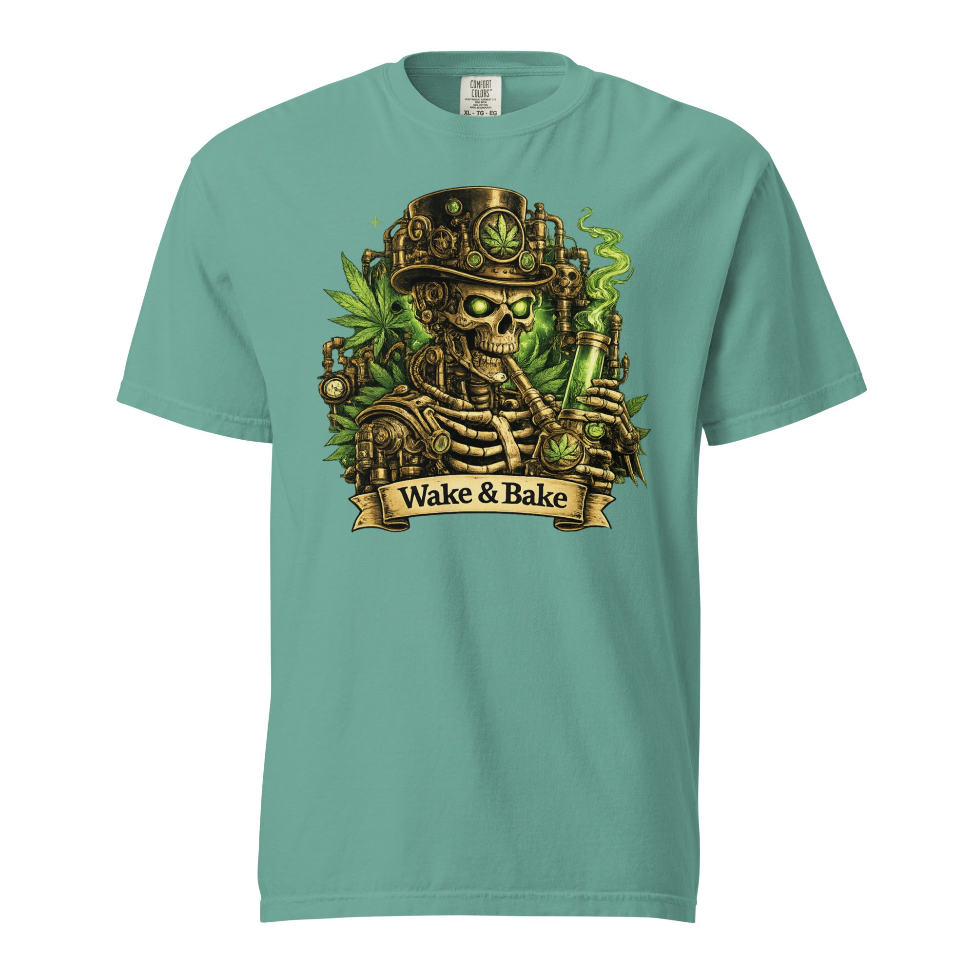 Wake & Bake Steampunk Skeleton T-Shirt – Cannabis Bong Graphic Tee | Mechanical Skull 420 Shirt | Magic Leaf Tees