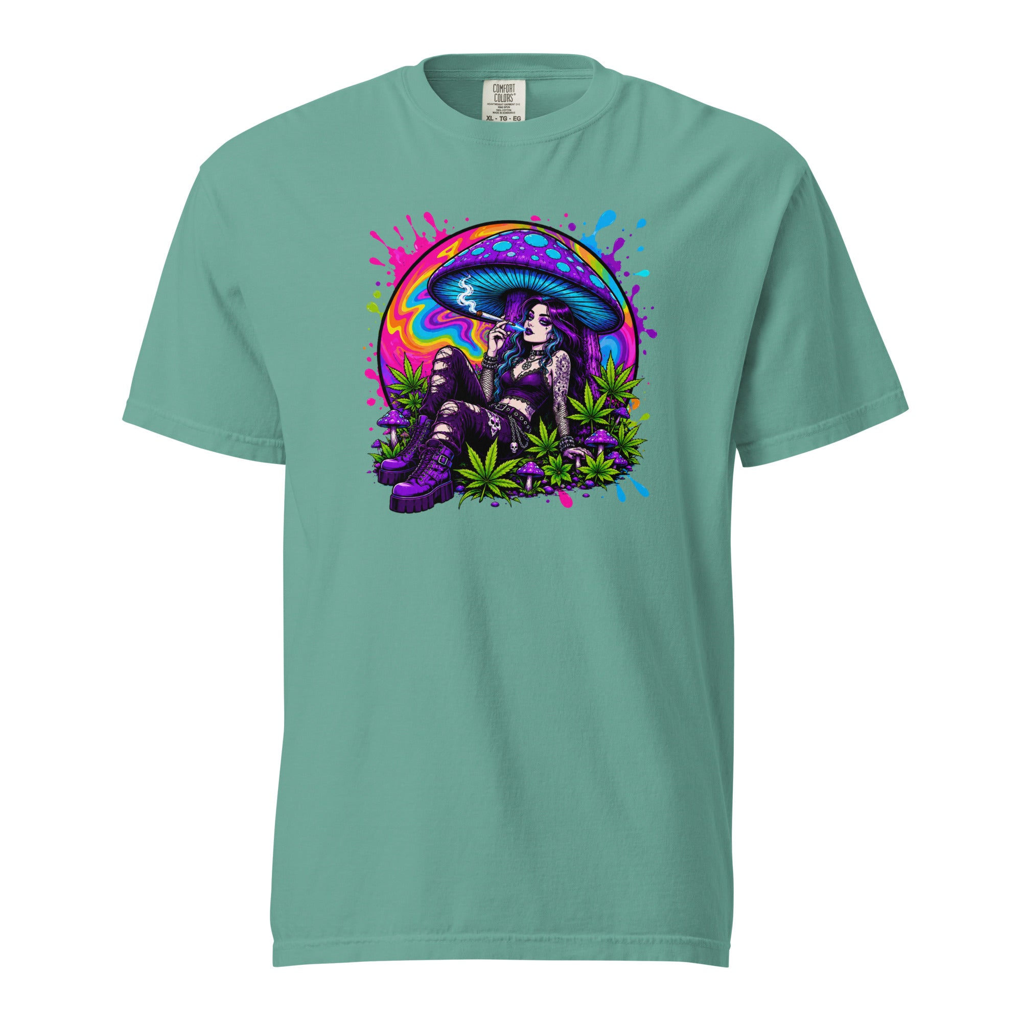 Goth Girl Mushroom T-Shirt, Psychedelic Cannabis Graphic Tee, Neon Stoner Pop Art Shirt, Magic Leaf Tees