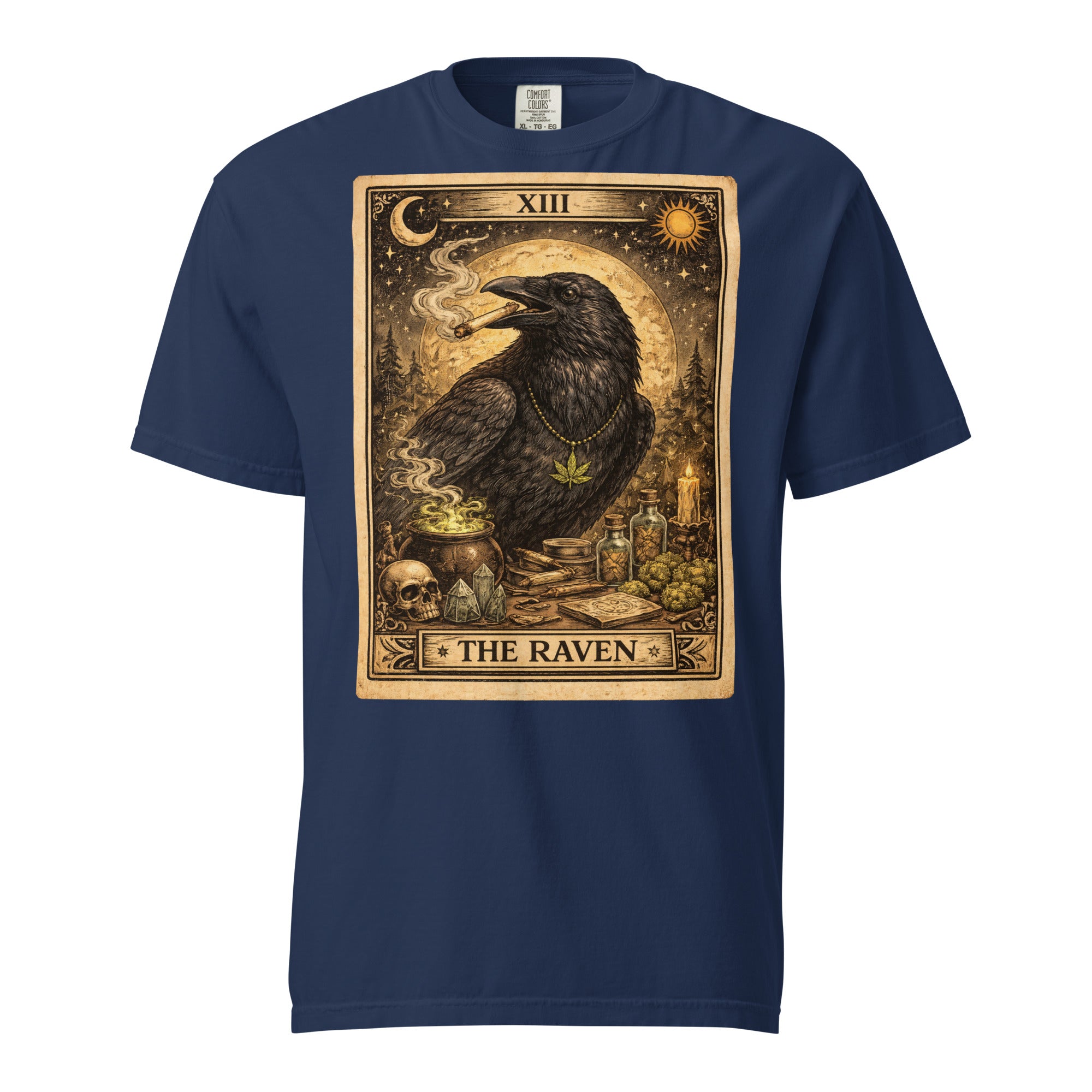 The Raven Tarot Card T-Shirt | Gothic Raven Smoking Joint Cannabis Graphic Tee | Vintage Occult Weed Shirt | Magic Leaf Tees