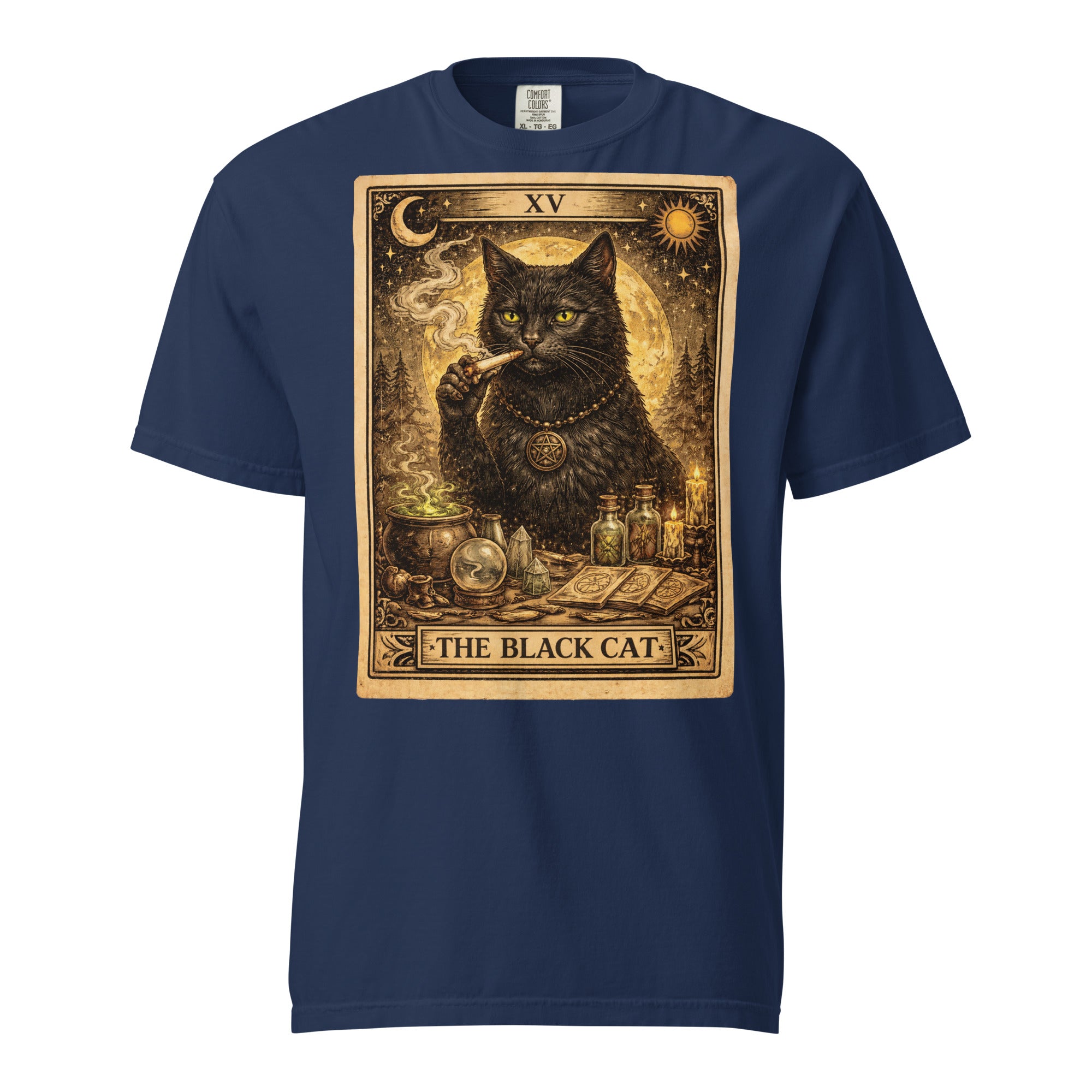 The Black Cat Tarot Card T-Shirt | Gothic Black Cat Smoking Joint Cannabis Graphic Tee | Occult Weed Shirt | Magic Leaf Tees